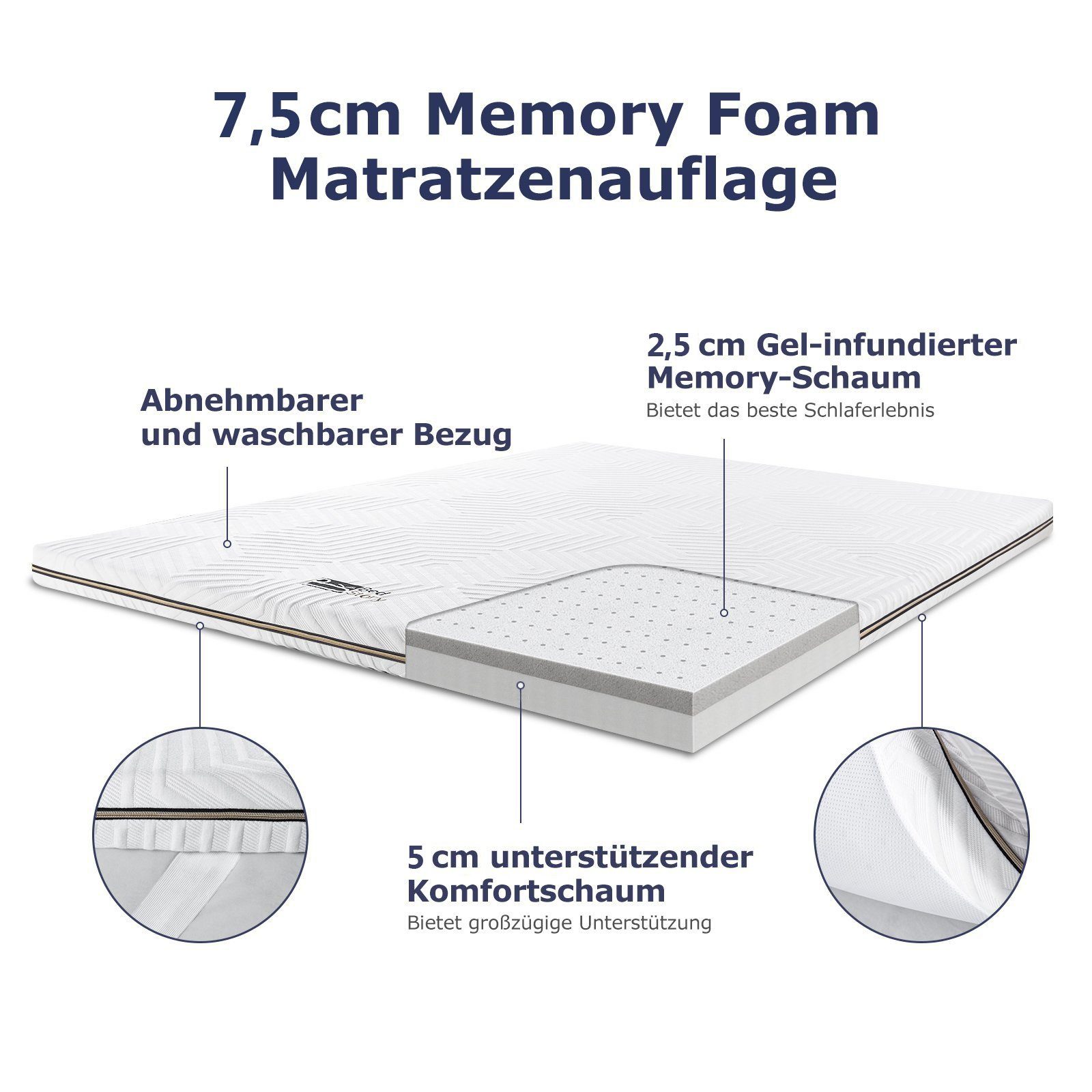 Topper Topper hoch, geeignet ergonomisches cm 7.5 Gel Schlafpositionen alle Design, BedStory, mit für Matratzen 90/140/160/180x200cm, Bezug, Weiß Topper