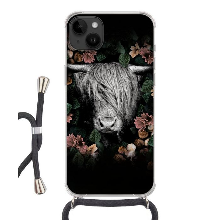 MuchoWow Handyhülle Schottischer Highlander - Blumen - Rosa Handyhülle Telefonhülle Apple iPhone 14 Plus