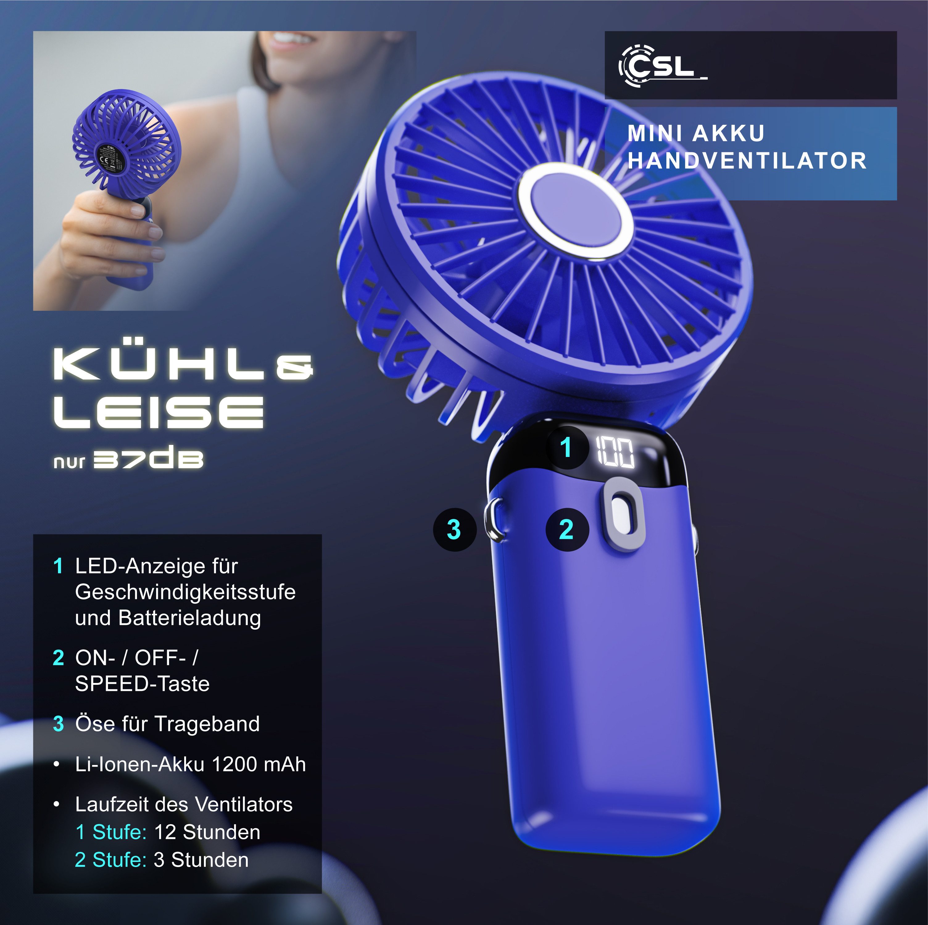 CSL Akku-Ventilator USB‑Mini‑Ventilator mit Akku, Standfuß & Geschwindigkeitsregelung, 1200 mAh Li-Ionen, aufladbar, neigbar, Halteband, Standfuß, Display