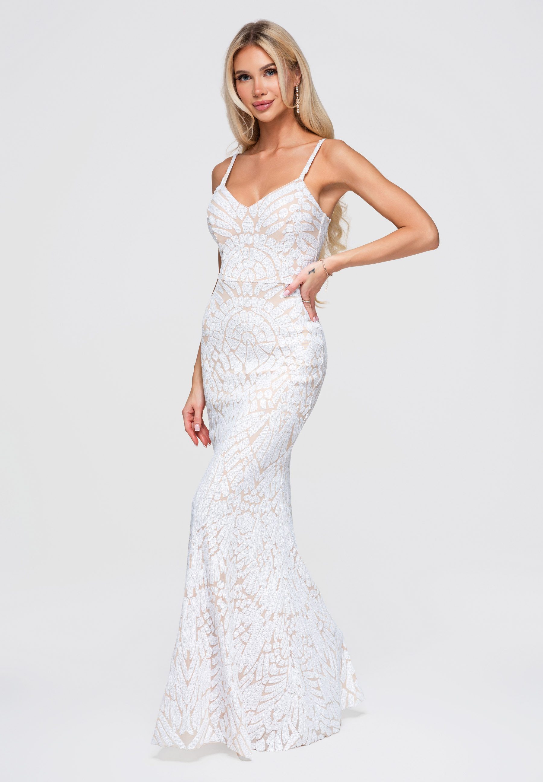 OMBRE Abendkleid Damen Abendkleid Maxi mit Herz-Ausschnitt Weiß XL (kein Set, 1-tlg)