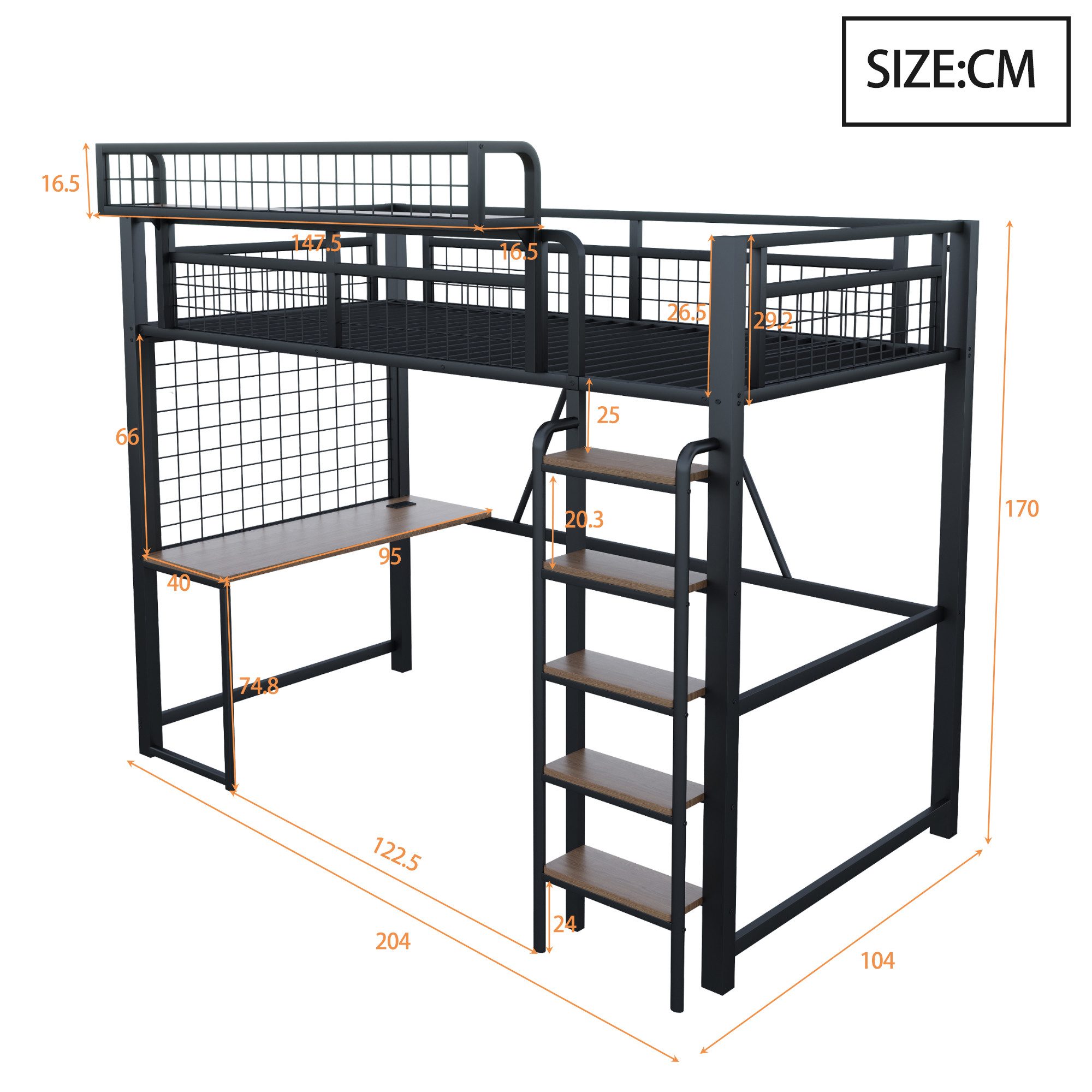 Celya Hochbett 90 x 200 cm, Mit Schreibtisch, LED-Beleuchtung und Steckdose (ohne Matratze, Mit Leiter und Sicherheitsgeländer) Mit Aufbewahrungsnetz, Abnehmbarem Ablagekorb