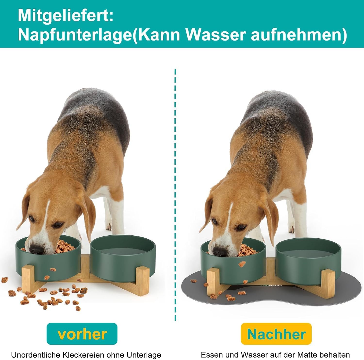 Thumbnail - Fantictas Napf-Set Doppelnapf-Set mit Bambusständer, Keramiknäpfen & Rutschmatte, Keramik – lebensmittelecht, langlebig,...