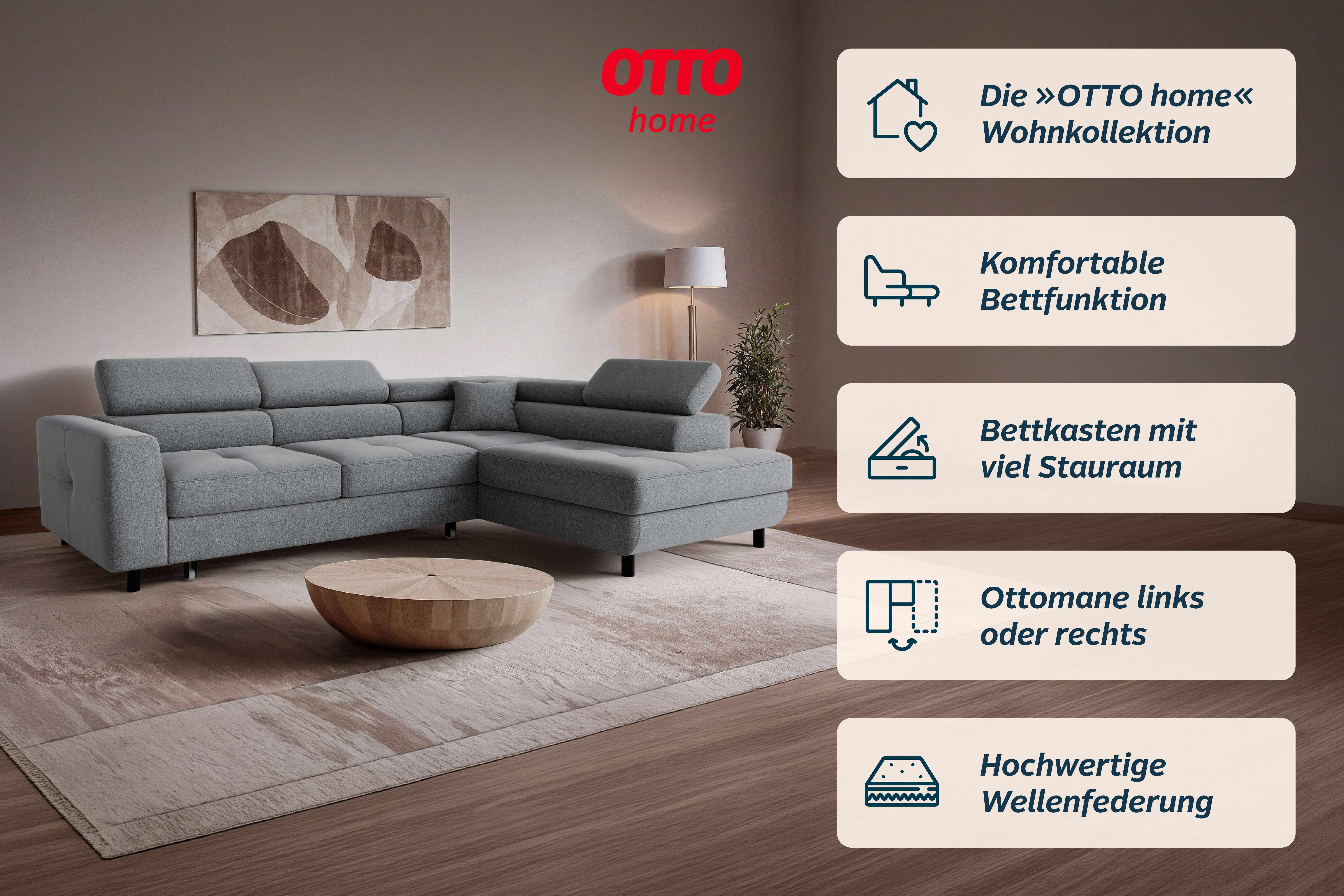 OTTO home Ecksofa AADEN Schlafsofa 254 cm - OTTO. Verlässliche Qualität., mit Bettfunktion, Bettkasten, Kopfstützen, rechts/links bestellbar – Bild 3 von 5