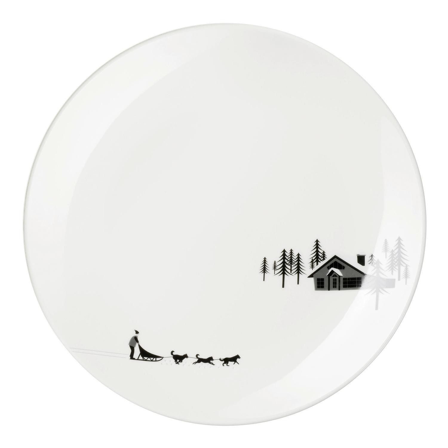 ASA SELECTION Dessertteller JOY, Ø 20,5 cm, Schwarz, Weiß, Keramik, (1 St), Motiv mit Hundeschlitten und Waldhütte,mit eingedrückten Spuren