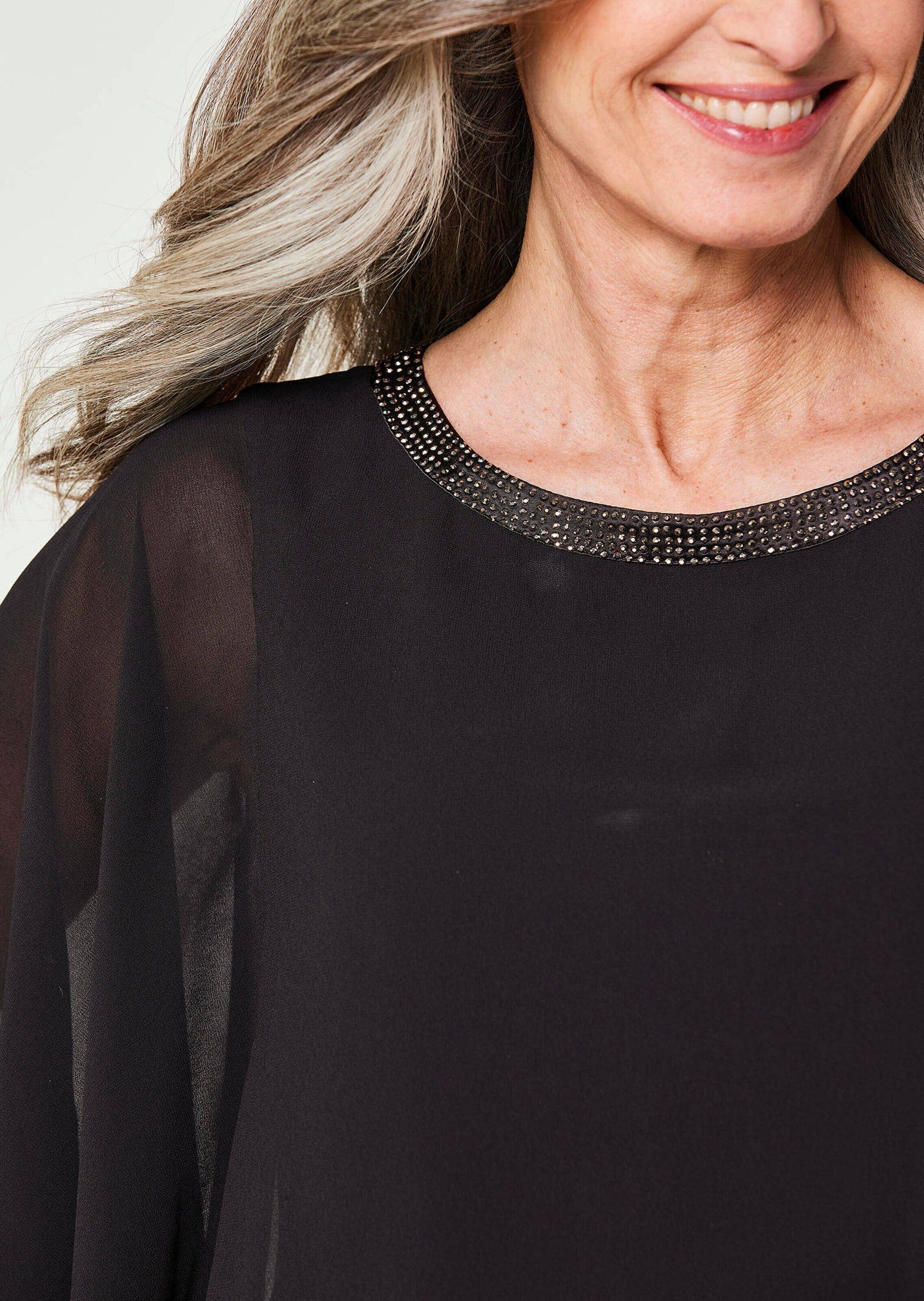 GOLDNER Shirtbluse Kurzgröße: Edle Chiffonbluse, U-Boot-Ausschnitt Herbsttunika mit Glitzersteinen am Ausschnitt und weiten 3/4-Ärmeln