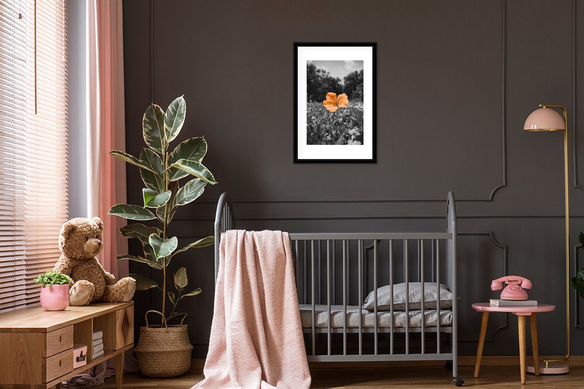 (1 St), Bilderrahmen Poster Kunstdruck, Orange, - Rahmen, mit Weiß Schwarzem Poster, MuchoWow - - Schwarz Gerahmtes Blumen