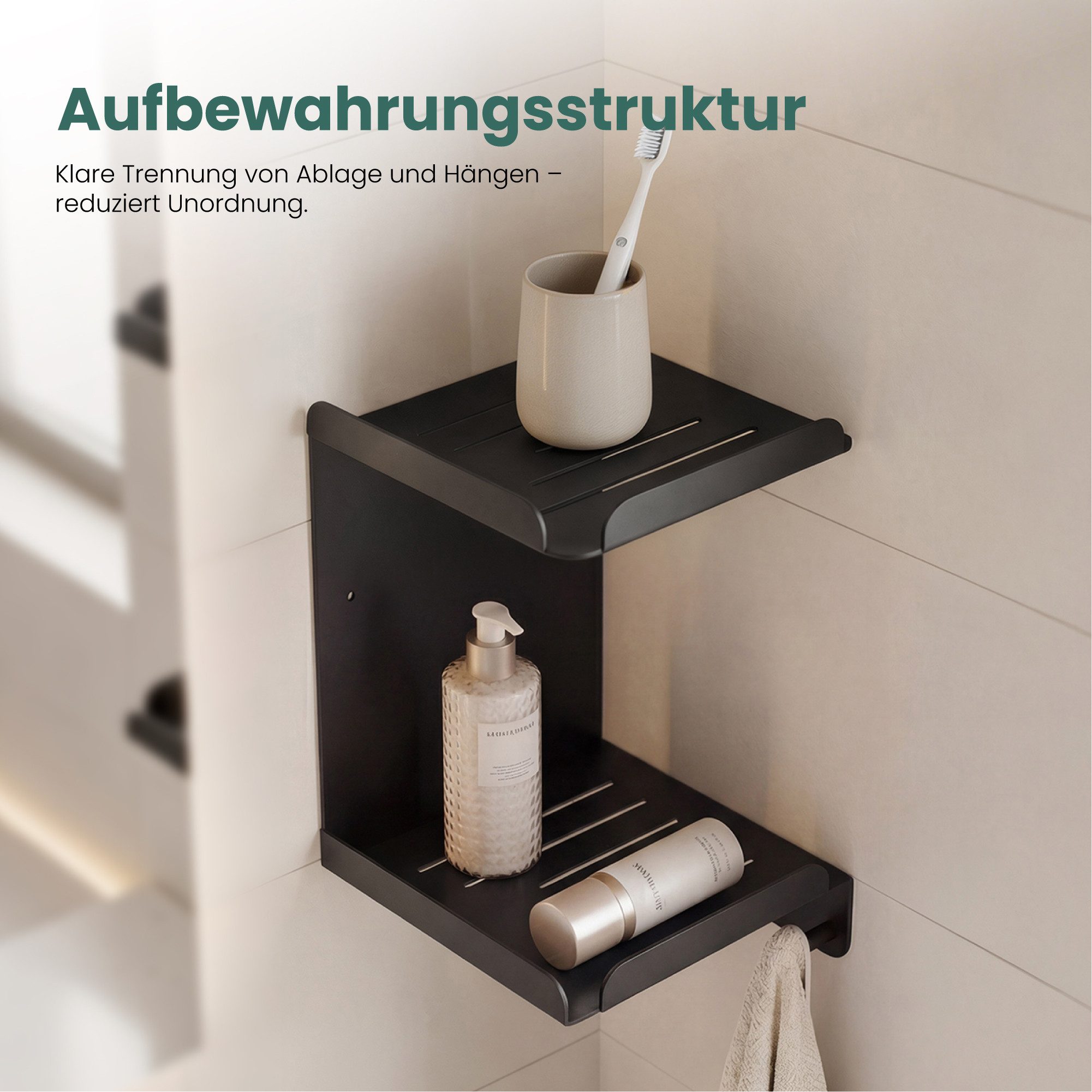 Mai & Mai Duschablage Duschregal 2-stöckig mit 3 Haken Wandmontage 22 x 22 x 33,1cm Reglo-14, Platzsparendes 2-stufiges Eckdesign,mit 3 integrierten Haken