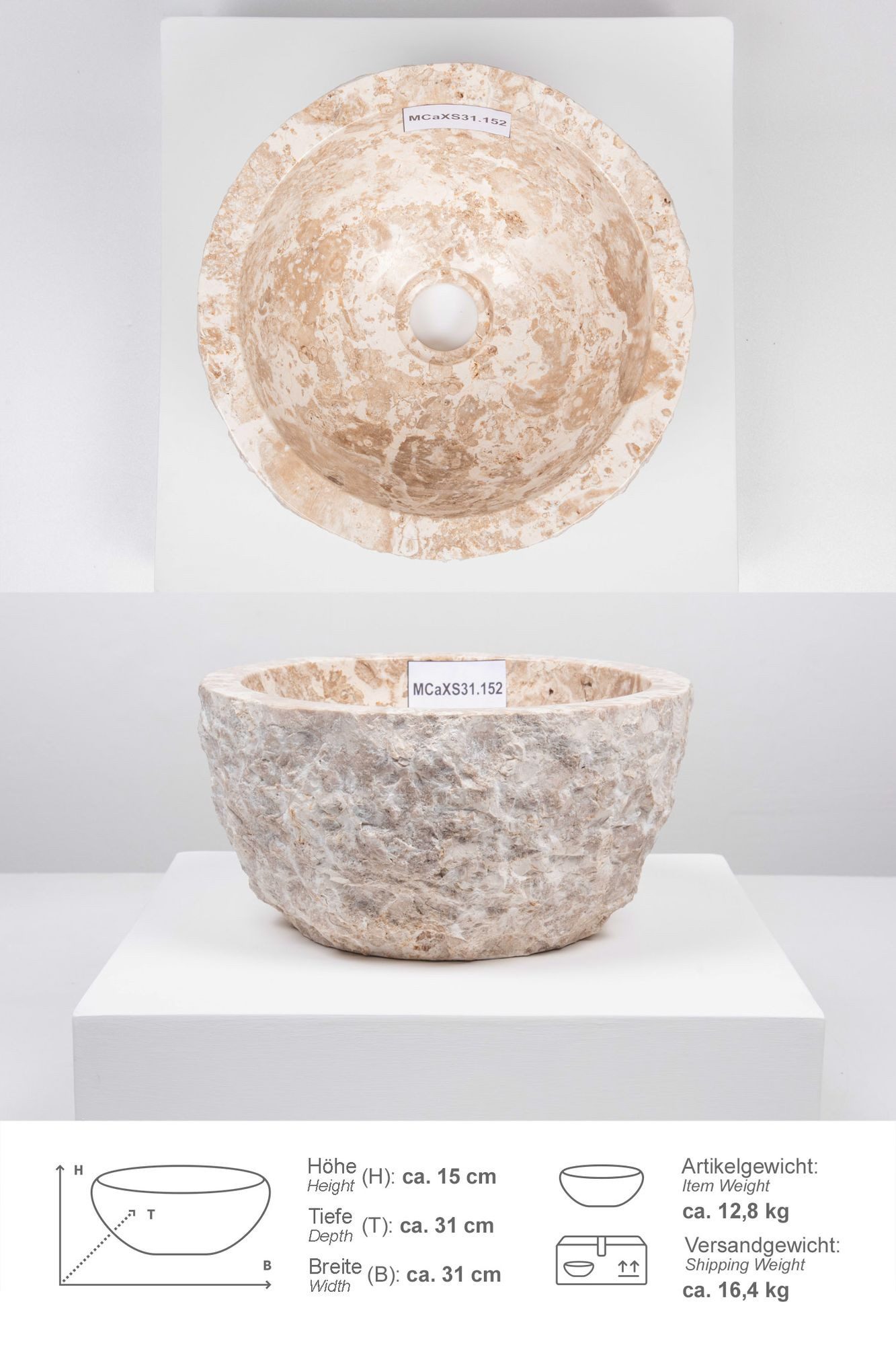 wohnfreuden Aufsatzwaschbecken Erosi Marmor Waschbecken 30 cm creme (Kein S günstig online kaufen