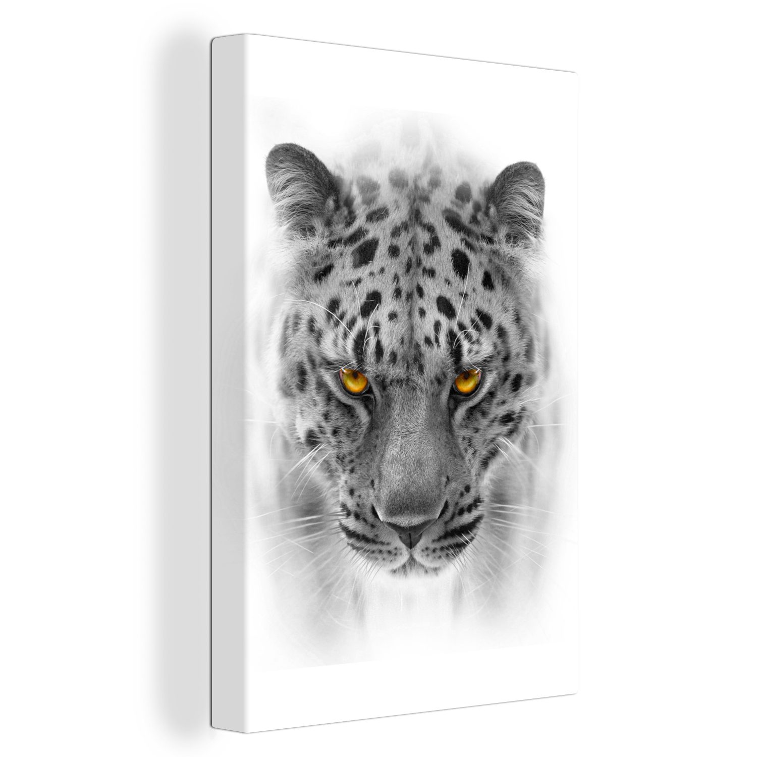 Leopard Gemälde, 20x30 St), Schwarz cm bespannt Weiß - Leinwandbild OneMillionCanvasses® Tier, fertig - inkl. Leinwandbild (1 Zackenaufhänger, -