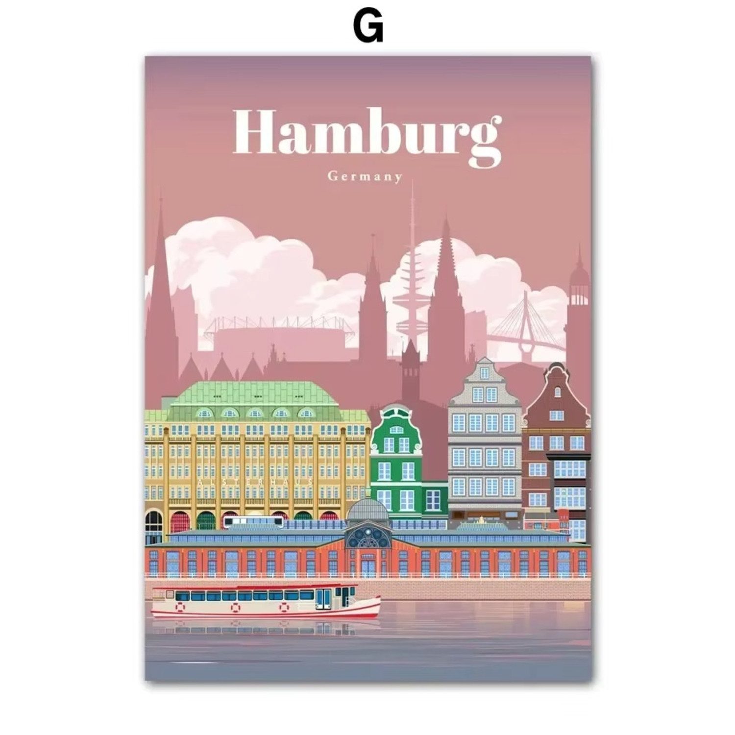 TPFLiving Kunstdruck OHNE RAHMEN, Nordic Leinwand Malerei Berlin Deutschland Reise Stadt Karte Poster (Leinwandbild XXL), Farben: Farben: weiß, blau, orangeGröße: 30x40cm