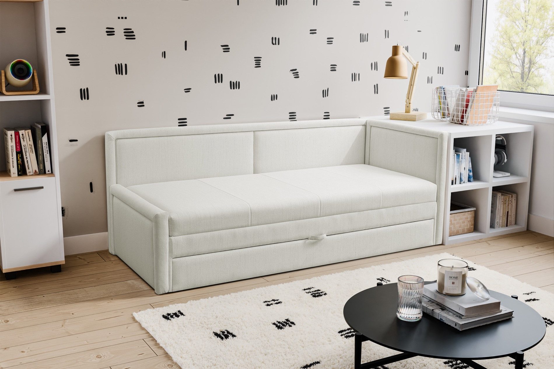 Selsey Jugendbett CAPRILI, Gepolstertes Jugendbett mit Ausziehfunktion, Matratze und Bettkasten