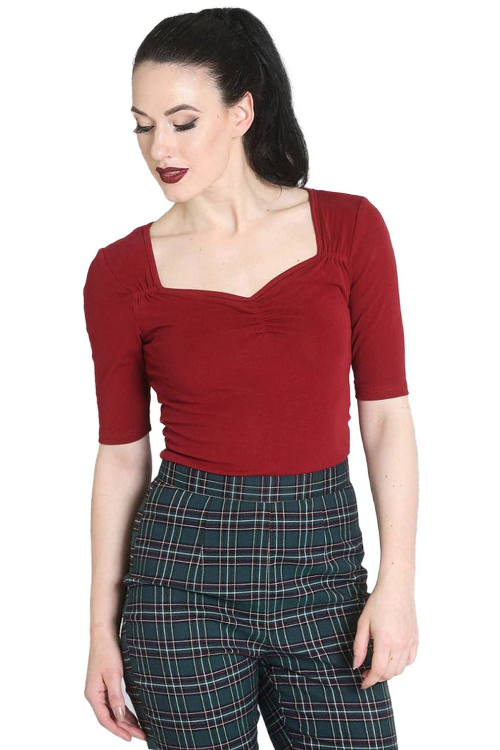 Hell Bunny Shirttop Philippa Burgunderrot Vintage Retro Rockabilly Oberteil