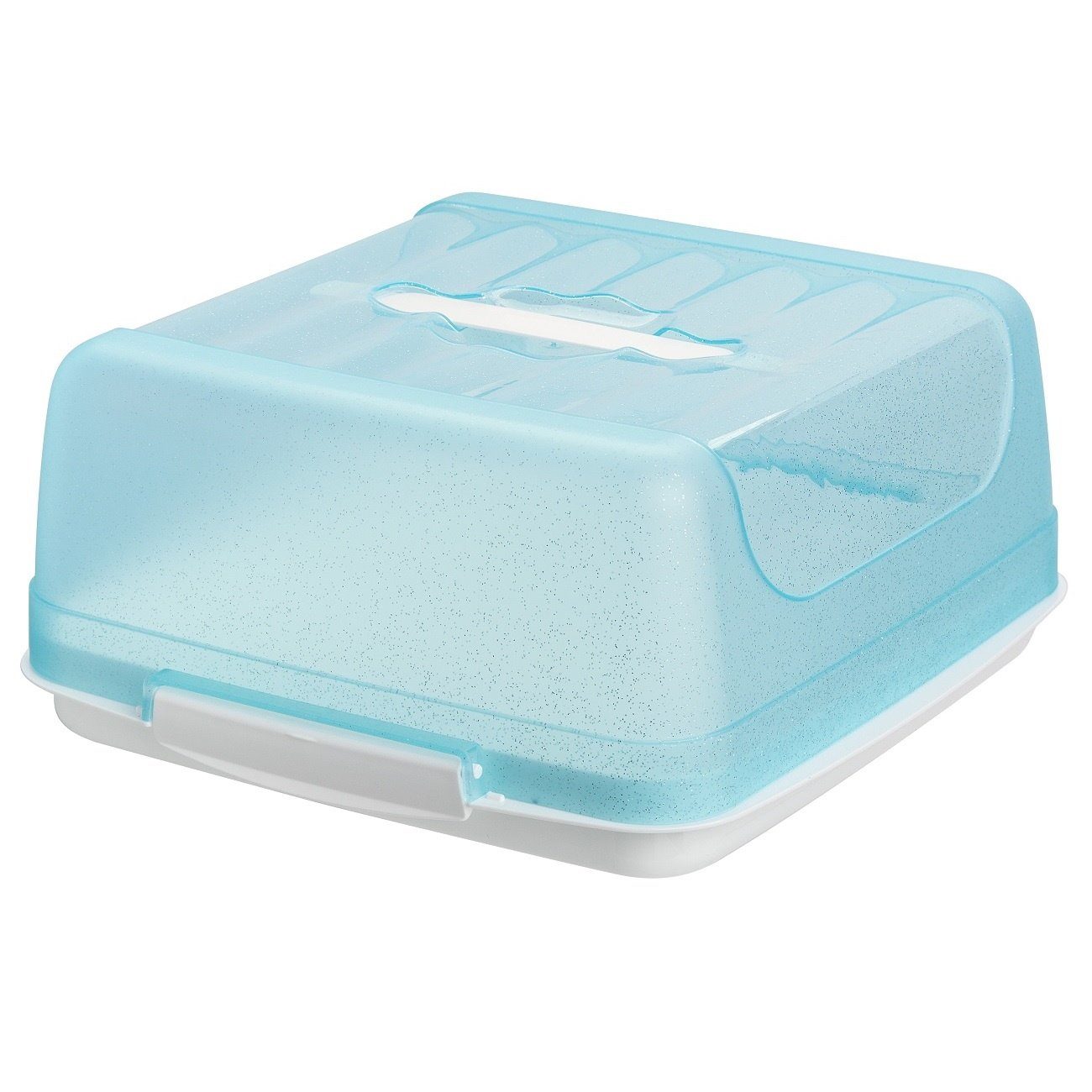 mit BPA-frei, Kunststoff Kuchenbox rechteckig, und Glitzer/Weiß Kuchentransportbox Deckel, transparentem Hellblau (Vorteils-Set, Engelland Klickverschluss, sicheres Transportieren), 1-tlg., mit Kunststoff, Tragegriff