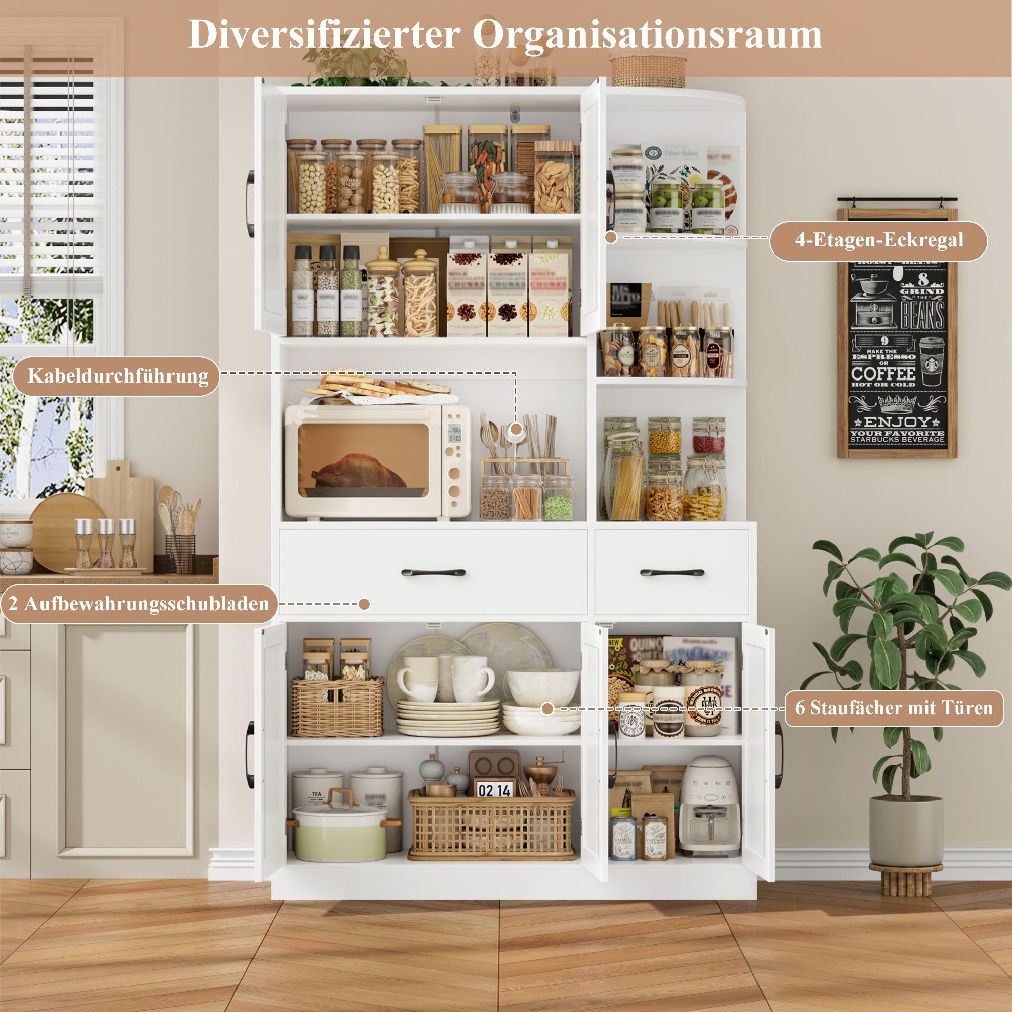 HOMECHO Küchenbuffet 177cm Hohe Buffetschrank Weiß mit 5 Türen und 3 Eckregal – Bild 4 von 5