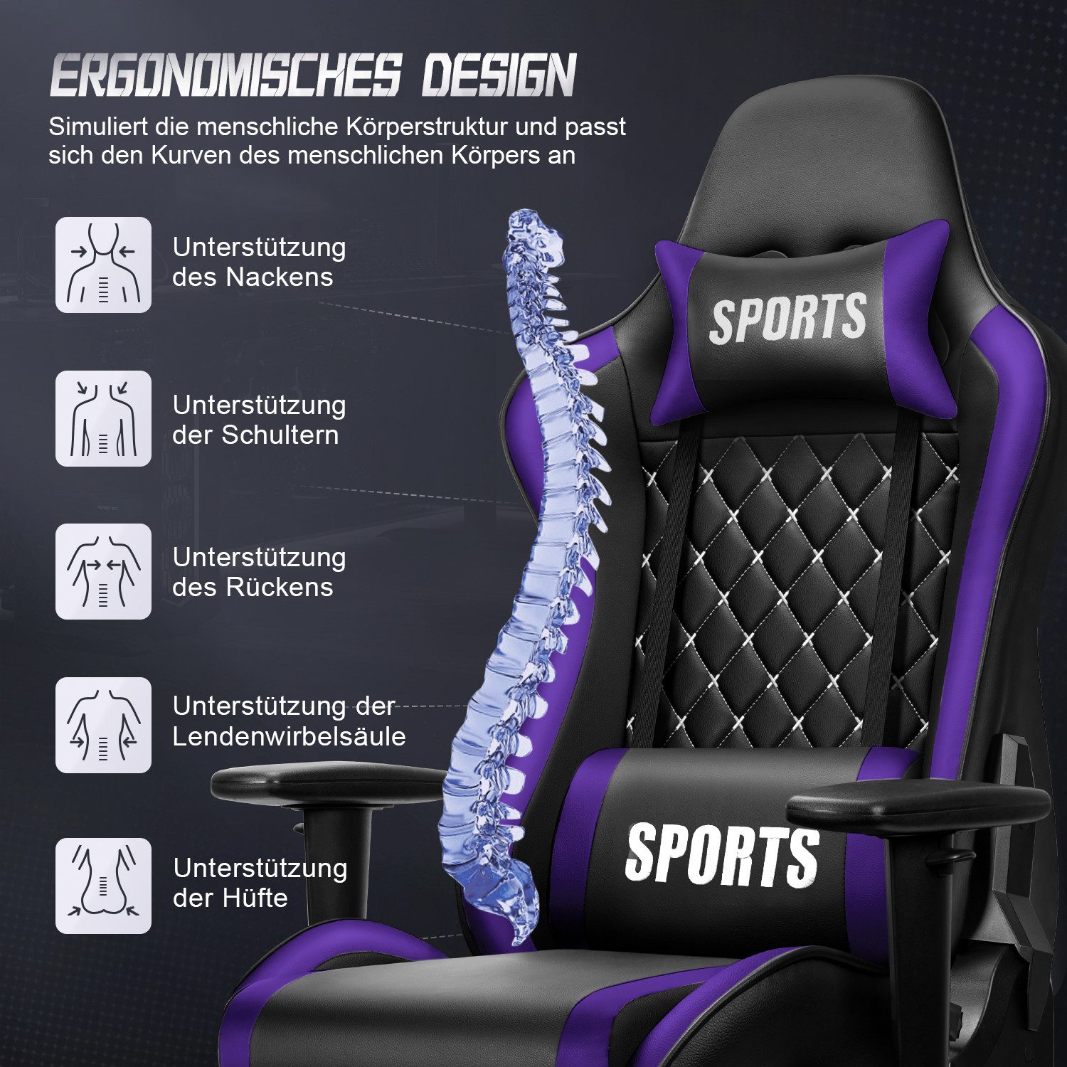 Adormii Gaming-Stuhl Gaming stuhl mit verstellbaren Armlehnen, ergonomisch gaming chair (90°–170° neigbar und arretierbar, gamingstuhl mit gepolsterter Kopfstütze und Lendenkissen, pc stuhl gaming mit verdicktem Sitzkissen, 10cm höhenverstellbarem Sitz, gamer stuhl bis 150 kg)