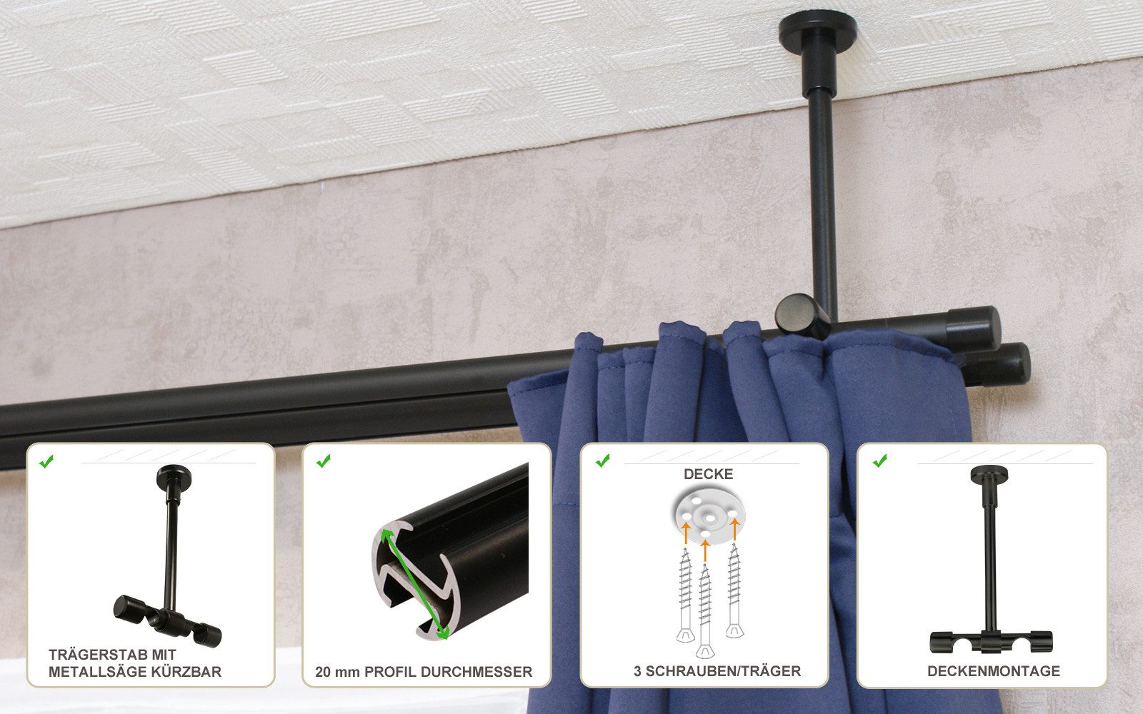 iso-design Gardinenstange Innenlauf 2-läufig schwarz Deckenmontage Endstücke Kappe, Ø 20 mm, 2-läufig, Fixmaß, mit Bohren, geschraubt, Metall, Deckenabstand durch Kürzung einstellbar zwischen 7 cm und 19 cm