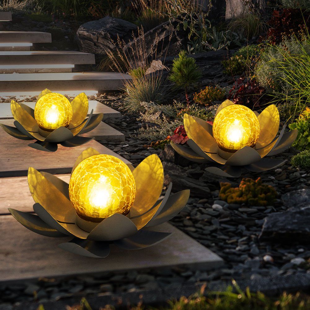 Globo LED Solarleuchte, LED-Leuchtmittel fest verbaut, Warmweiß, 3x Asia Garten Lotusblüte Deko Solar Lotusblüte für