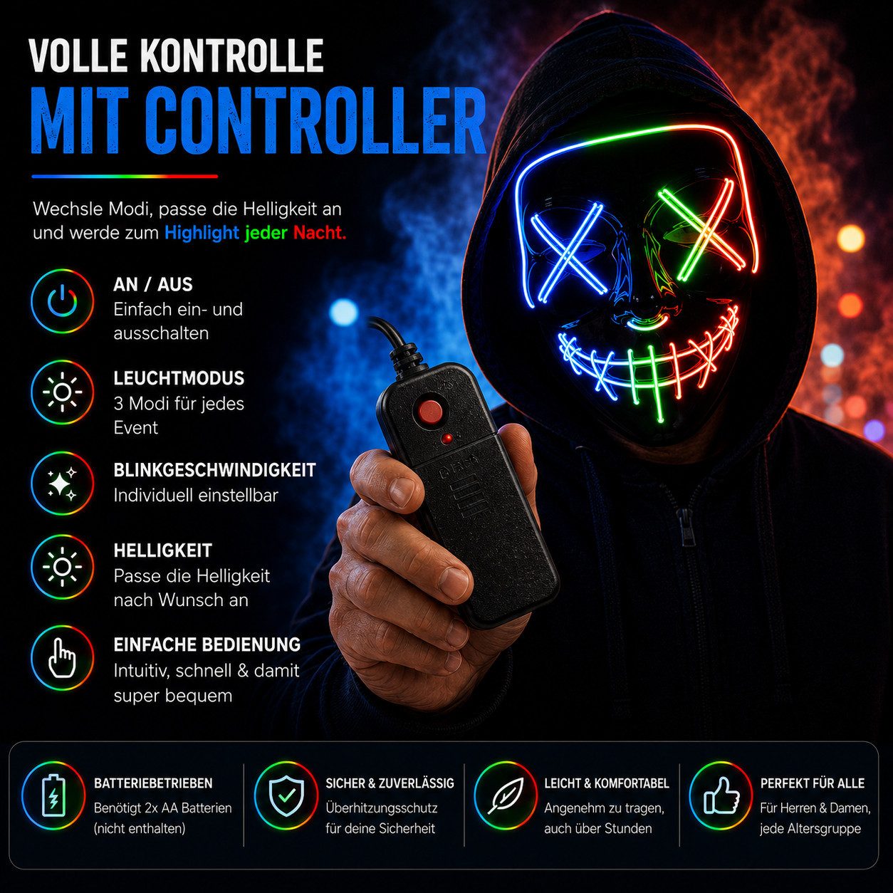 FASCHINFEVER Verkleidungsmaske LED Purge Maske - Halloween Kostüm Herren Halloween Maske, (Packung), mit Lichteffekten