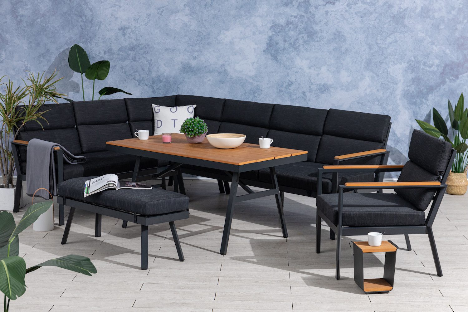 Gardissimo Gartenlounge-Set Nara XL braun links / Gartenmöbelset / Nonwood, (Set, 4-tlg., Alu, Ecklounge, Esstisch, Sessel, Bank, inkl. Auflagen), Liegefunktion