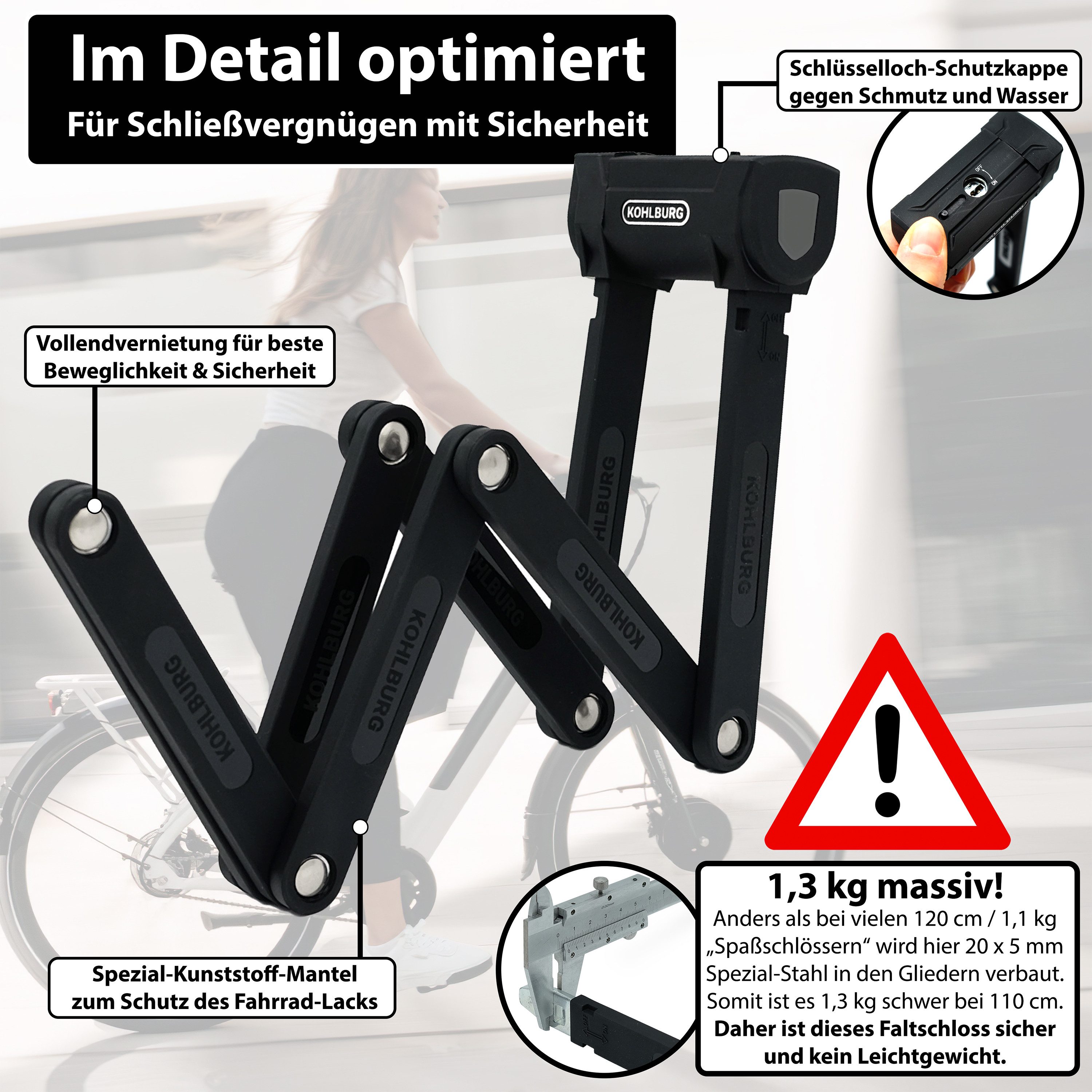 KOHLBURG Faltschloss mit höchster Sicherheit [Bolzenschneider-sicher] für Fahrrad & E-Bike, 110cm lang • Sicherheitsschloss mit 3 Schlüsseln • inkl. Halterung – Bild 5 von 5
