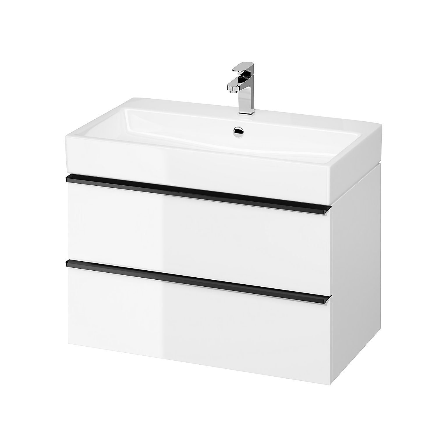 KOLMAN Waschbeckenunterschrank Badmöbel Set VIRGO 80 Badezimmerschrank (Schwarz Möbelgriffe) mit Schubladen & Keramikwaschbecken Schwarz | Weiß