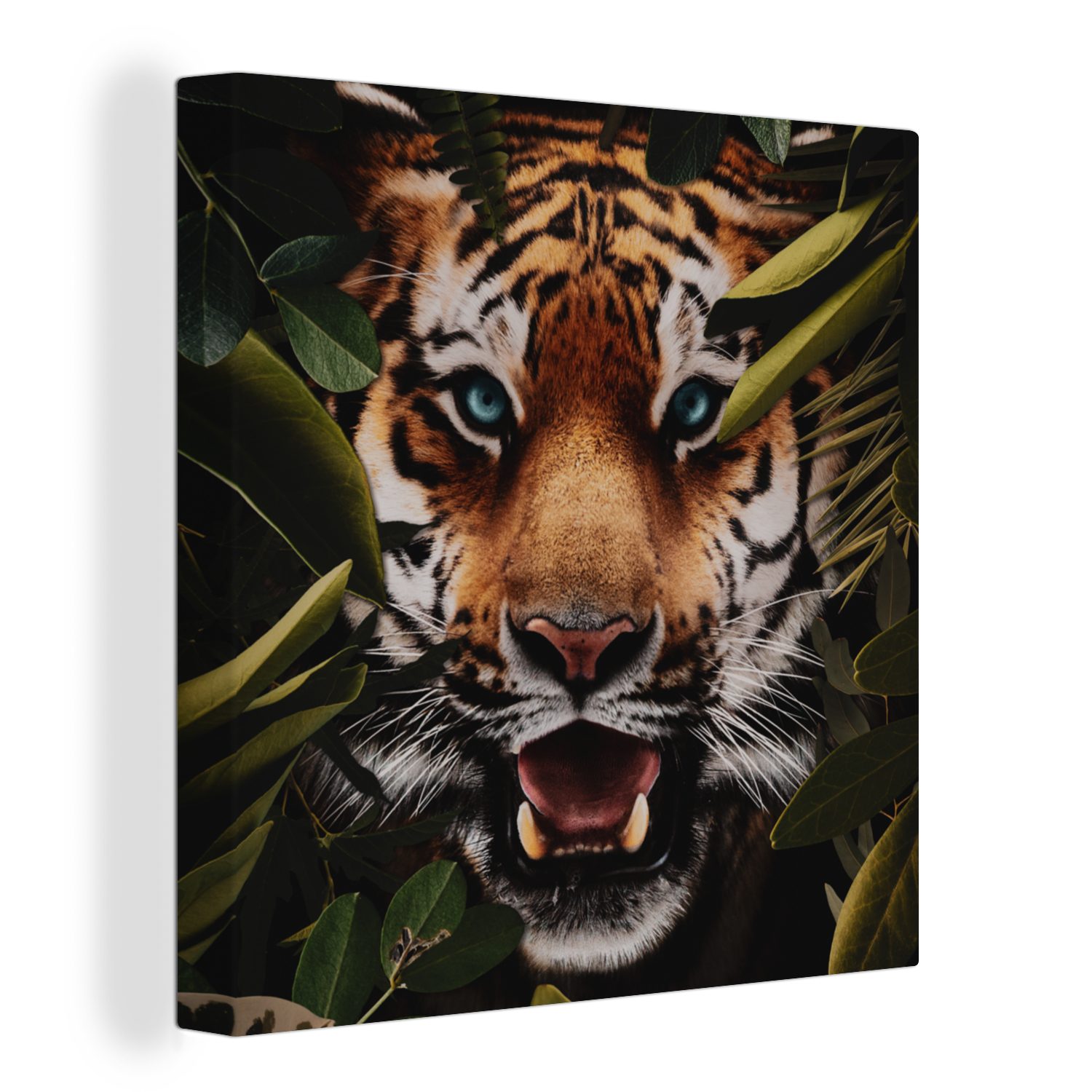 OneMillionCanvasses® Leinwandbild Tiger - Dschungel - Blätter, (1 St), Leinwand Bilder für Wohnzimmer Schlafzimmer