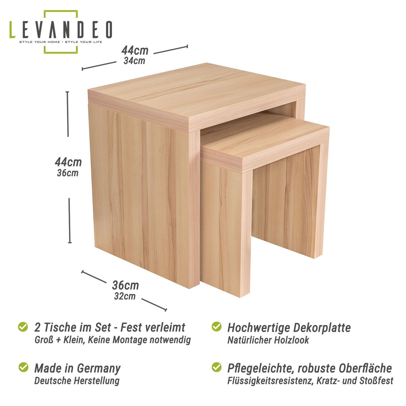 Levandeo® Couchtisch, 2 Satztisch Kernbuche Deutsche Herstellung Couchtisch fest