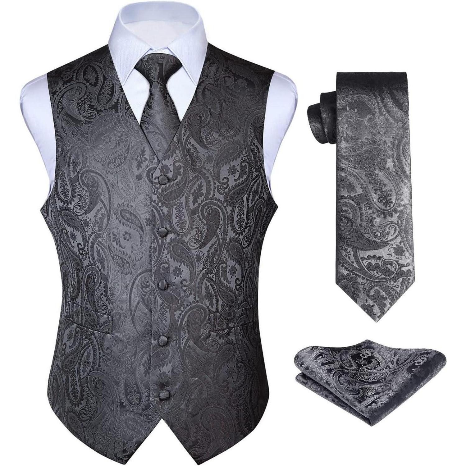 Krawatte Anzugweste Herren Hochzeit Paisley Jacquard Krawatte Set Grau M