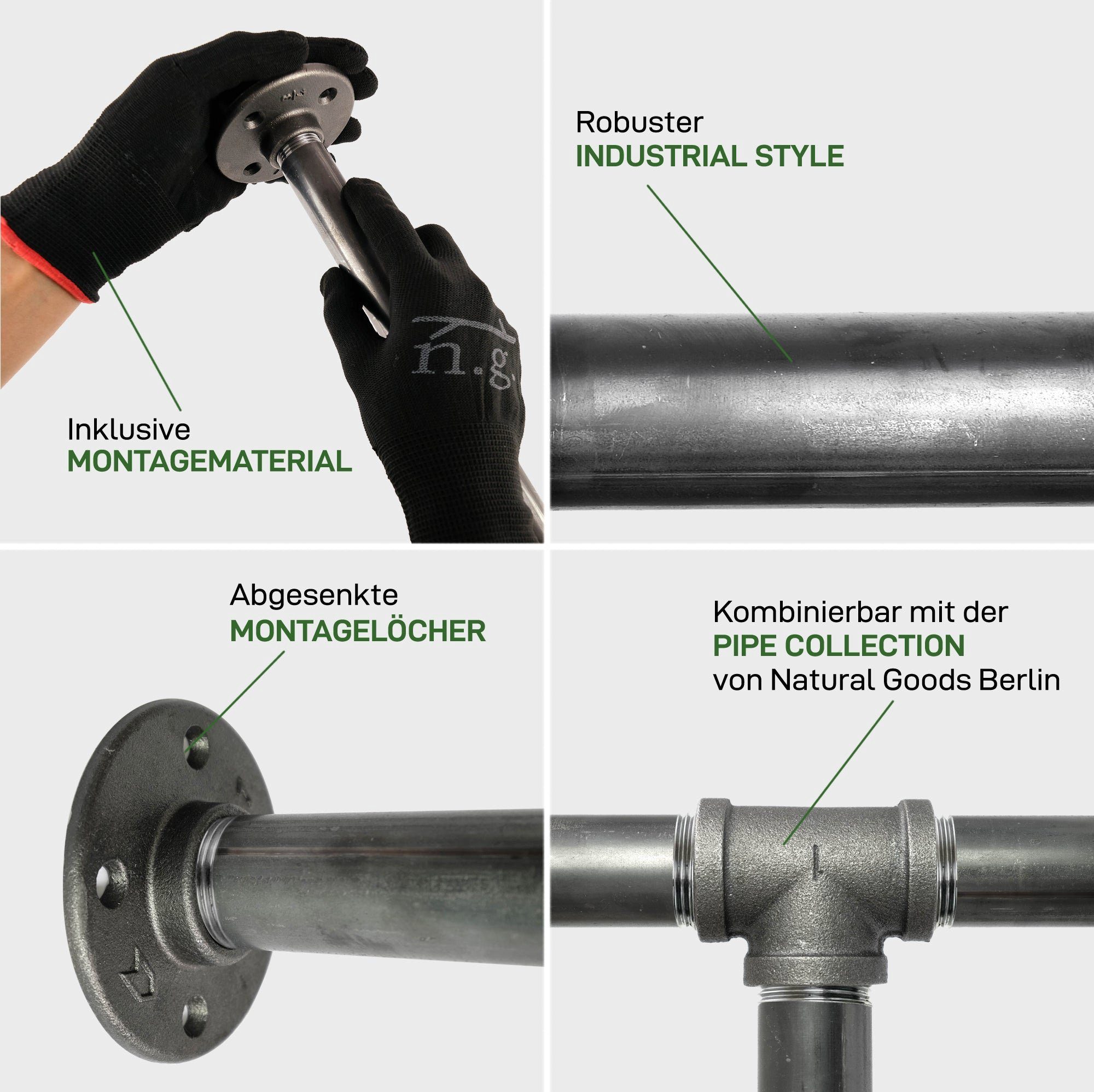 Natural Goods Berlin Tischbein Tischgestell PIPE, Eisenrohrtischbeine, Temperguss, Esstischfuss, Möbelunterbau