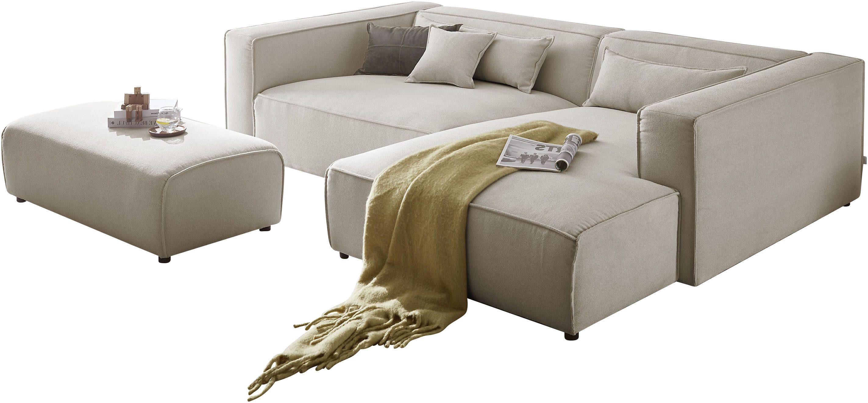 LeGer Home by Lena Gercke Ecksofa PIARA XXL Struktur u. Leinenoptik, L-Form, Schlaffunktion, Hocker stellbar zum Schlafsofa (Krokodilverbinder), tiefe Sitzfläche