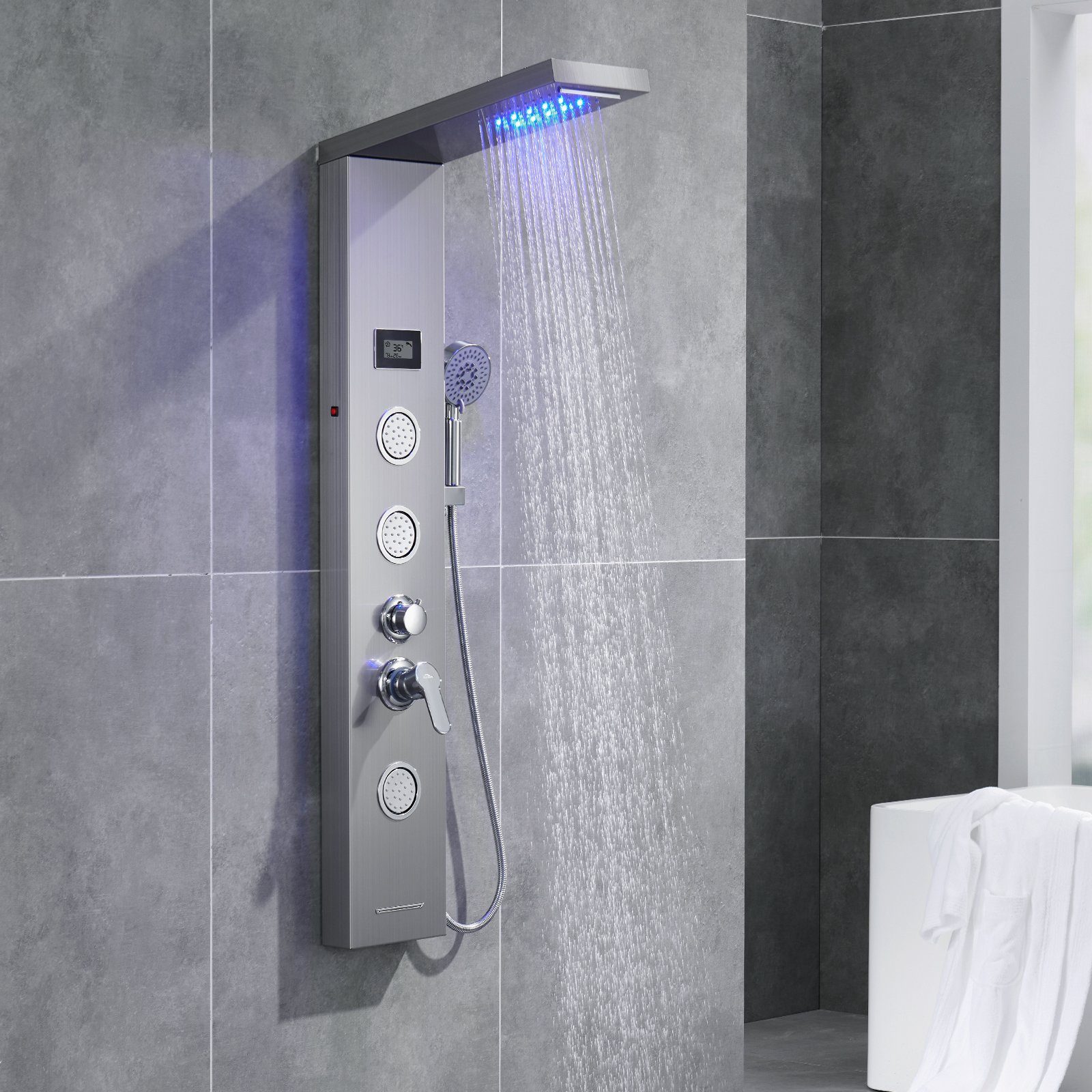 mit Wassertemperatur Duschpaneel Auralum Regendusche Wasserausgabemodi, Duschset 5 LED Handbrause Display Strahlart(en), Edelstahl Duschsystem 5 und