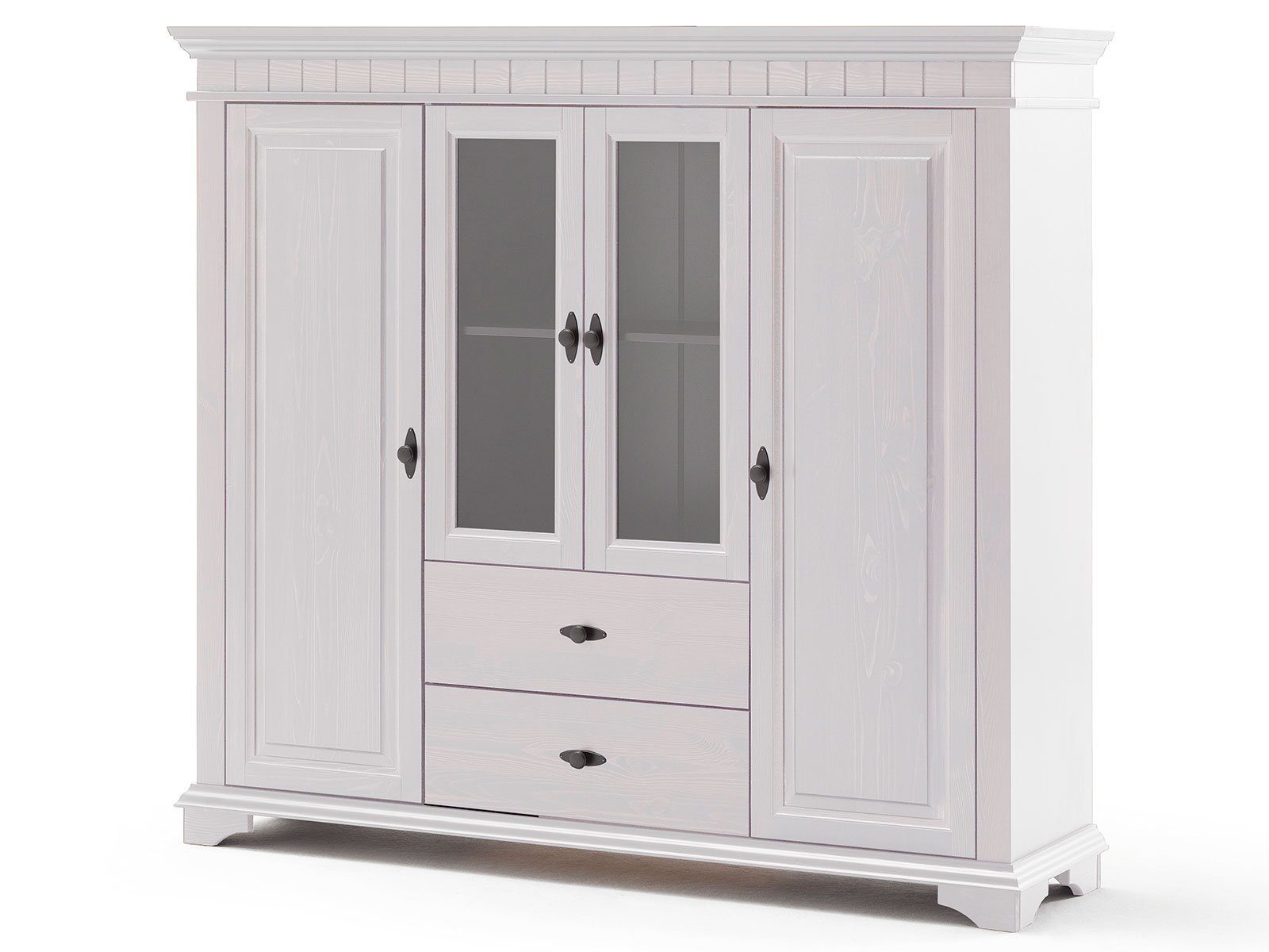 möbelando Vertiko Lynea, Vertiko im Landhausstil aus Kiefer Massivholz in Weiß mit 2 Holztüren, 2 Glas-/Holztüren, 2 Schubkästen und 7 Einlegeböden. Breite 155 cm, Höhe 140 cm, Tiefe 41,5 cm. € 939,95