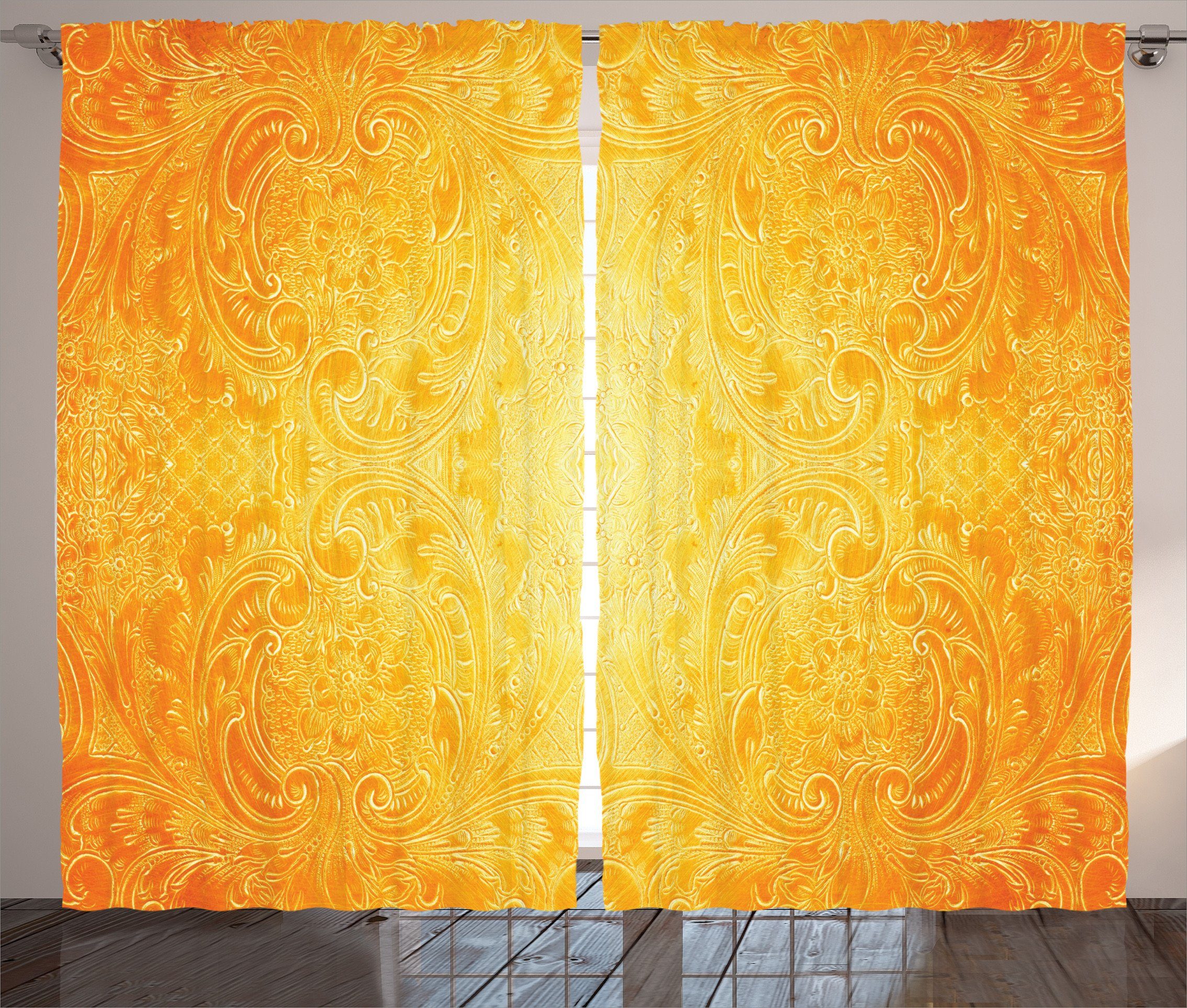 Gardine Schlafzimmer Kräuselband Vorhang mit Orange Blumenverzierung Antike Abakuhaus, und Haken, Schlaufen