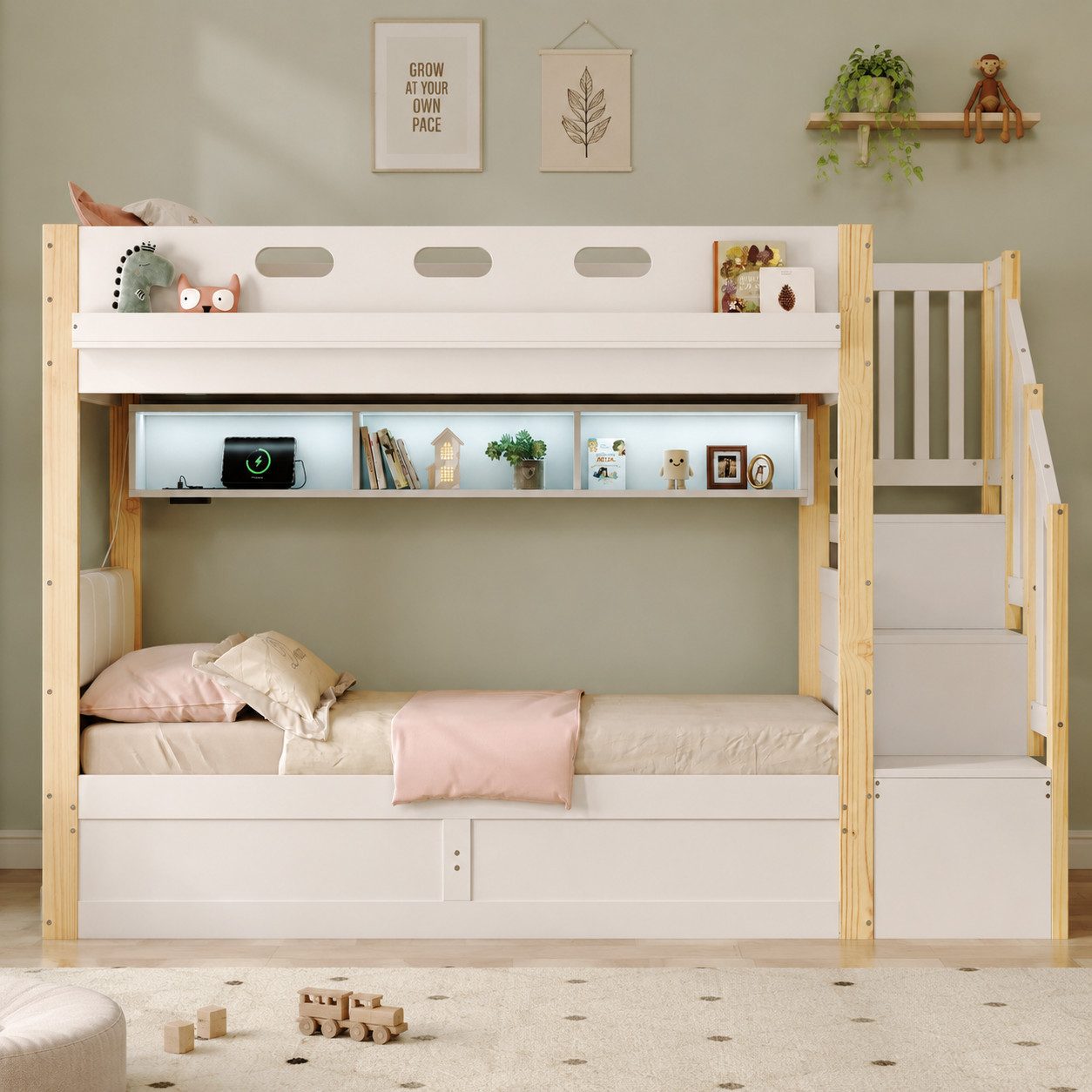 Ulife Etagenbett 2 Kinder 90×200cm mit hydraulischem Unterbett, Treppe mit Regalen, Kinderbett mit LED-Ablageboard, Hochbett großem Stauraum, Weiß + Natur – Bild 5 von 5