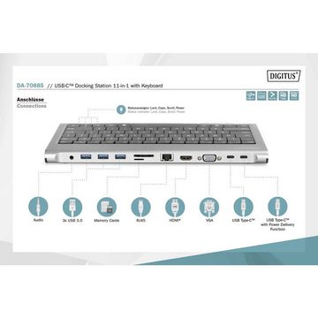 Digitus Laptop-Dockingstation 10-Port USB-C Dock mit Tastatur (GER), HDMI, VGA, inkl. Ladefunktion, integrierter Kartenleser