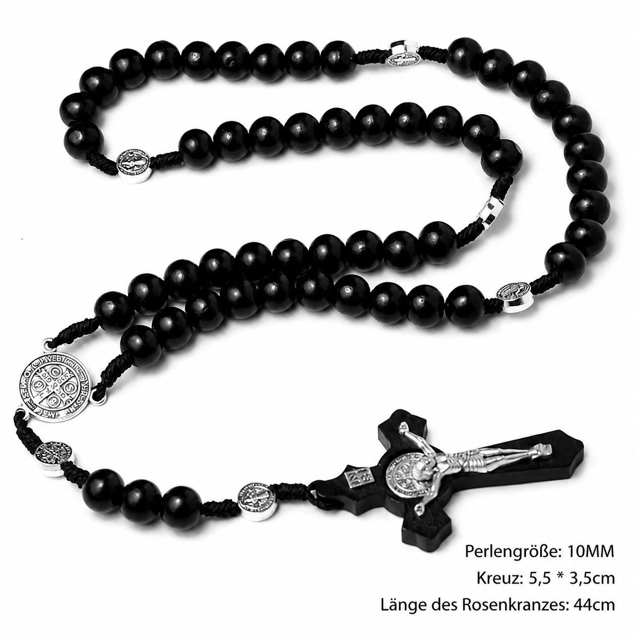 Ware aus aller Welt Kreuzkette Rosenkranz aus schwarzem Holz mit Kreuz – 44 cm Länge (1-tlg)