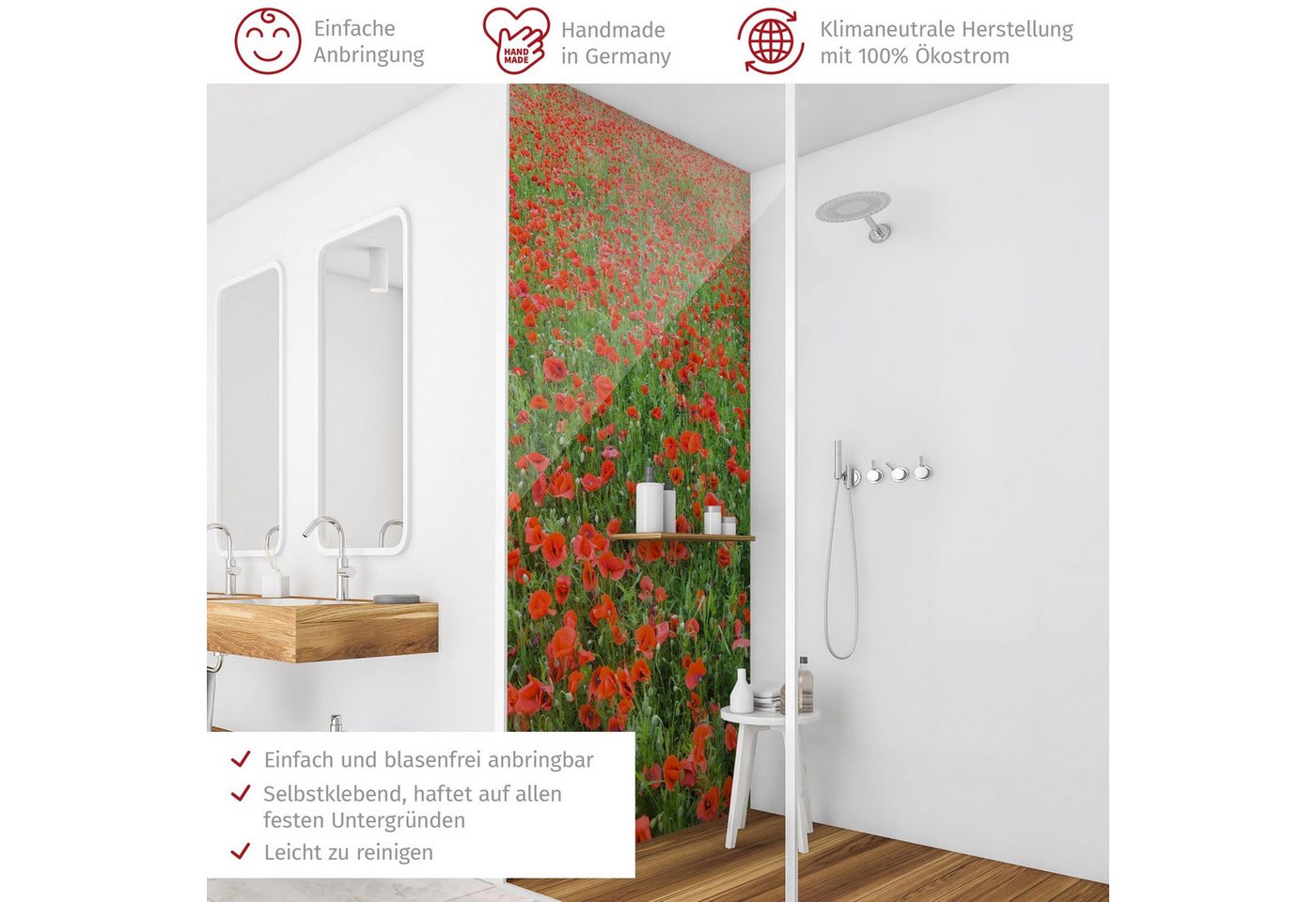 Thumbnail - Bilderdepot24 Badrückwand Blumen rot Duschrückwand ohne Bohren Dusche Mohnblumen, (1-tlg., Hart-Folie Premium matt 0,61 ...