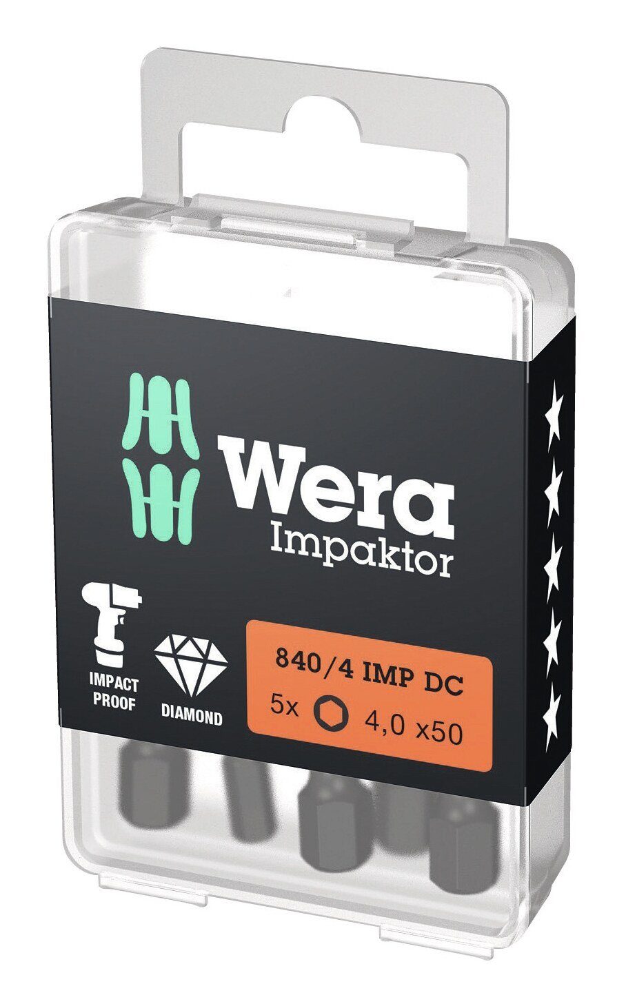 x Innensechskant 1/4" DIN Wera 50 E6,3 Bit-Set, Bit-Sortiment 3126 4 mm Impaktor
