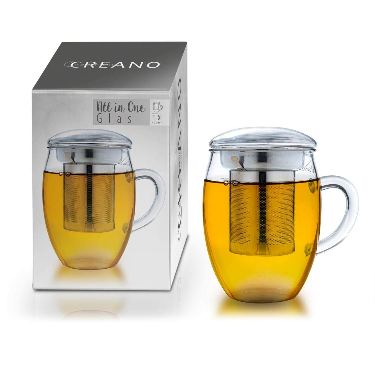 Creano Teeglas Teeglas “All in One” mit Edelstahlfilter, Borosilikatglas, 3-teilig
