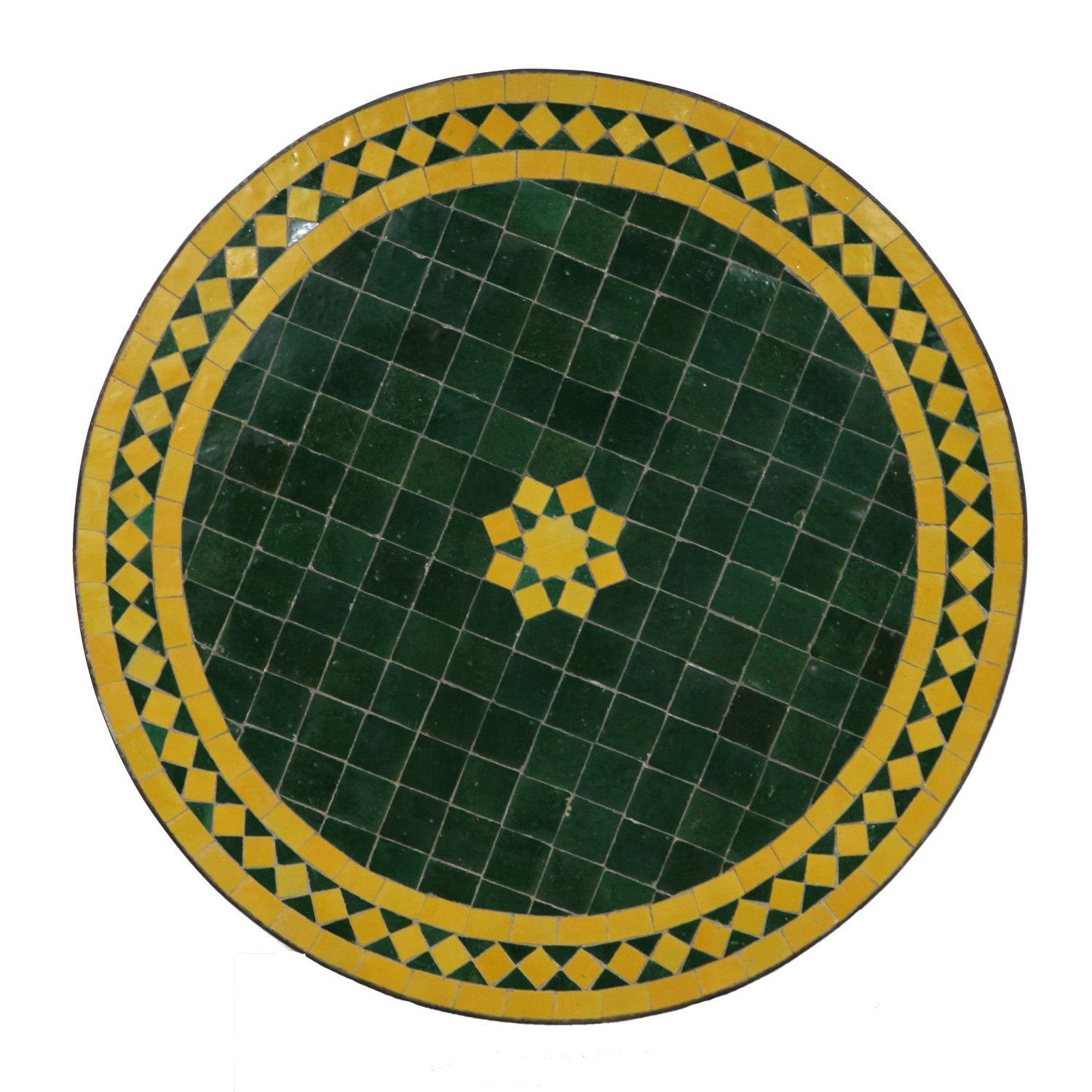 Casa Moro Beistelltisch Marokkanischer Mosaik Tisch M60-20 Ø 60cm Stern grün gelb rund (mediterraner Mosaiktisch Balkontisch Esstisch Beistelltisch, mit Schmiedeeisen Gestell Höhe 73cm), Kunsthandwerk aus Marokko MT2048