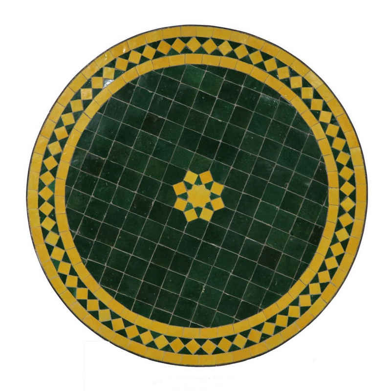 Casa Moro Beistelltisch Marokkanischer Mosaik Tisch M60-20 Ø 60cm Stern grün gelb rund (mediterraner Mosaiktisch Balkontisch Esstisch Beistelltisch, mit Schmiedeeisen Gestell Höhe 73cm), Kunsthandwerk aus Marokko MT2048