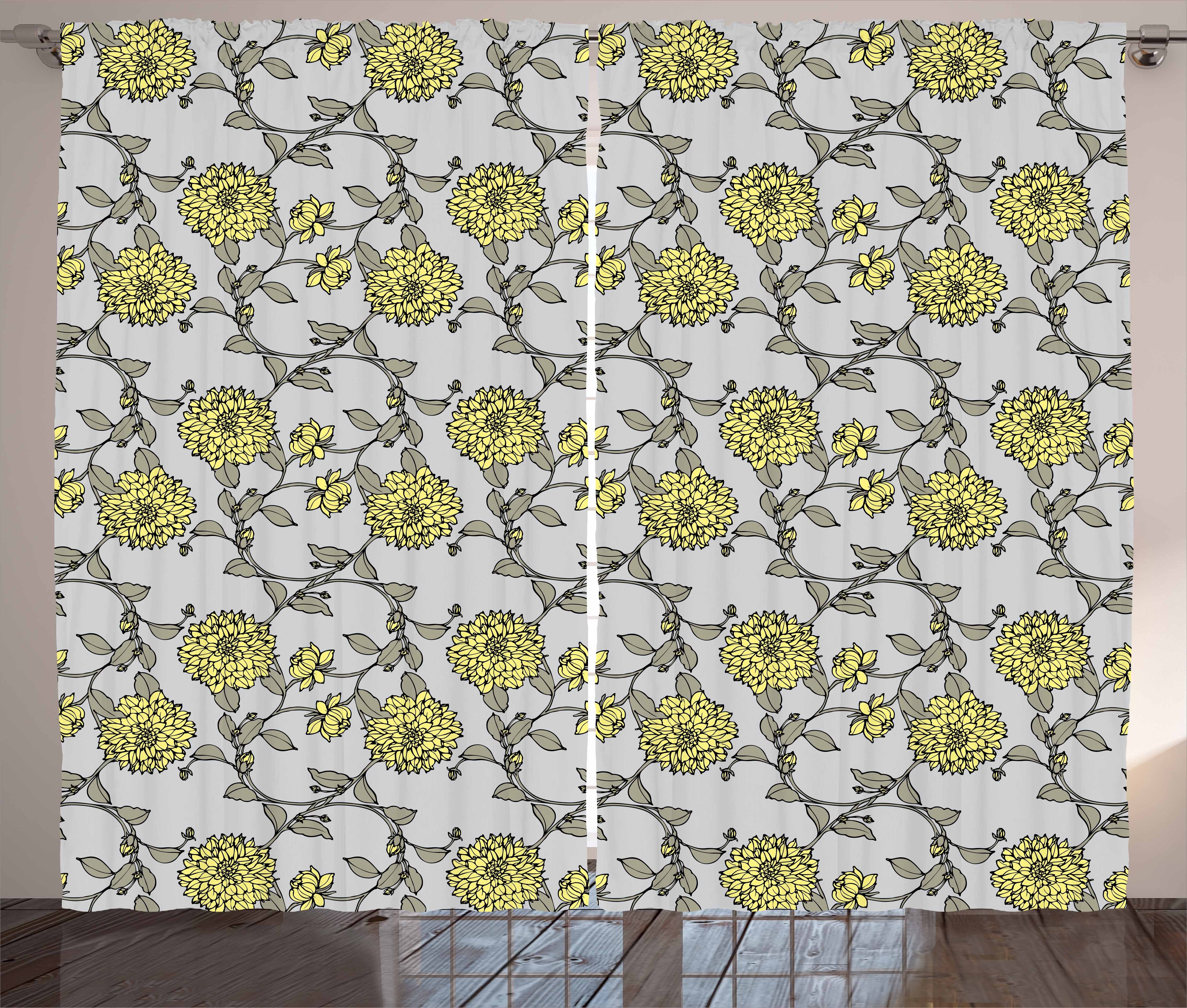 Gardine Schlafzimmer Kräuselband Vorhang mit Schlaufen und Haken, Abakuhaus, Grau und Gelb Chrysanthemum Stil | Fertiggardinen