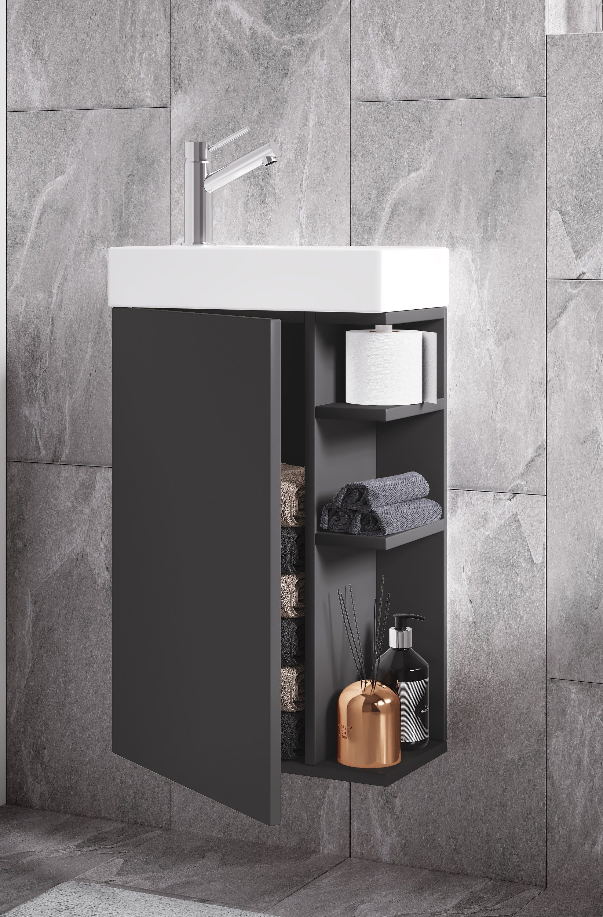VCM Badmöbel-Set Lumia 2er Set B. 40 x T. 22 x H. 70 cm, (Komplett-Set, 2-St., 1x Unterschrank 1x Waschbecken), Waschplatz mit viel Ablagefläche, für Gästebäder – Bild 3 von 4