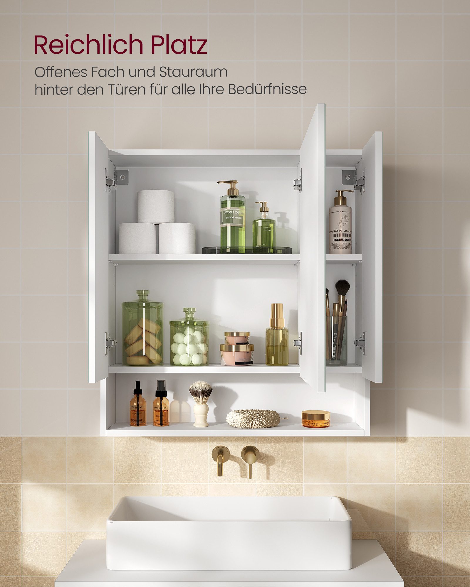 VASAGLE Spiegelschrank Badschrank Breite 70-90cm, mit 3 Türen, offenes Fach, verstellbare Ablagen – Bild 4 von 5