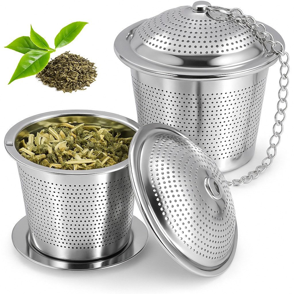 Geschenkehöhle Teesieb 2er Set Edelstahl – Feines Sieb für losen Tee, Tassen & Teekanne, Edelstahl, - Inklusive Abtropfschale & 11 cm Kette -
