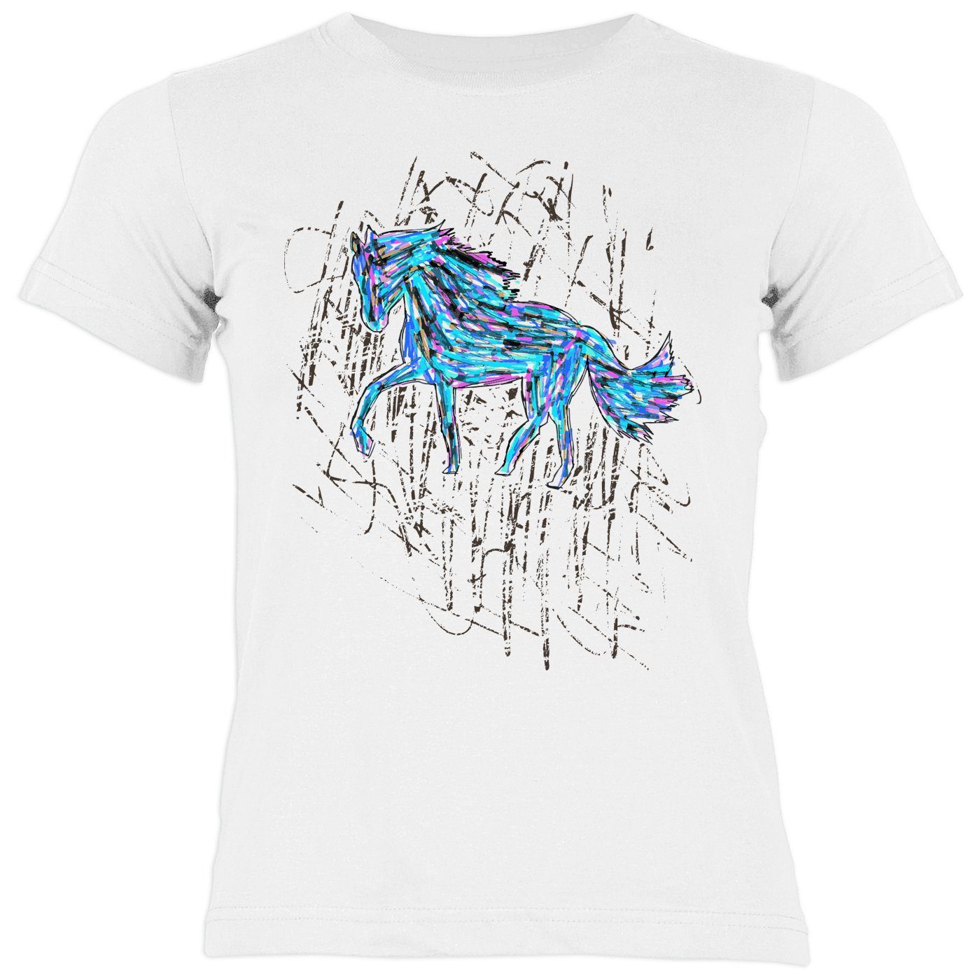 Tini - Shirts T-Shirt Pferde Zeichnung bunt Kindershirt blau