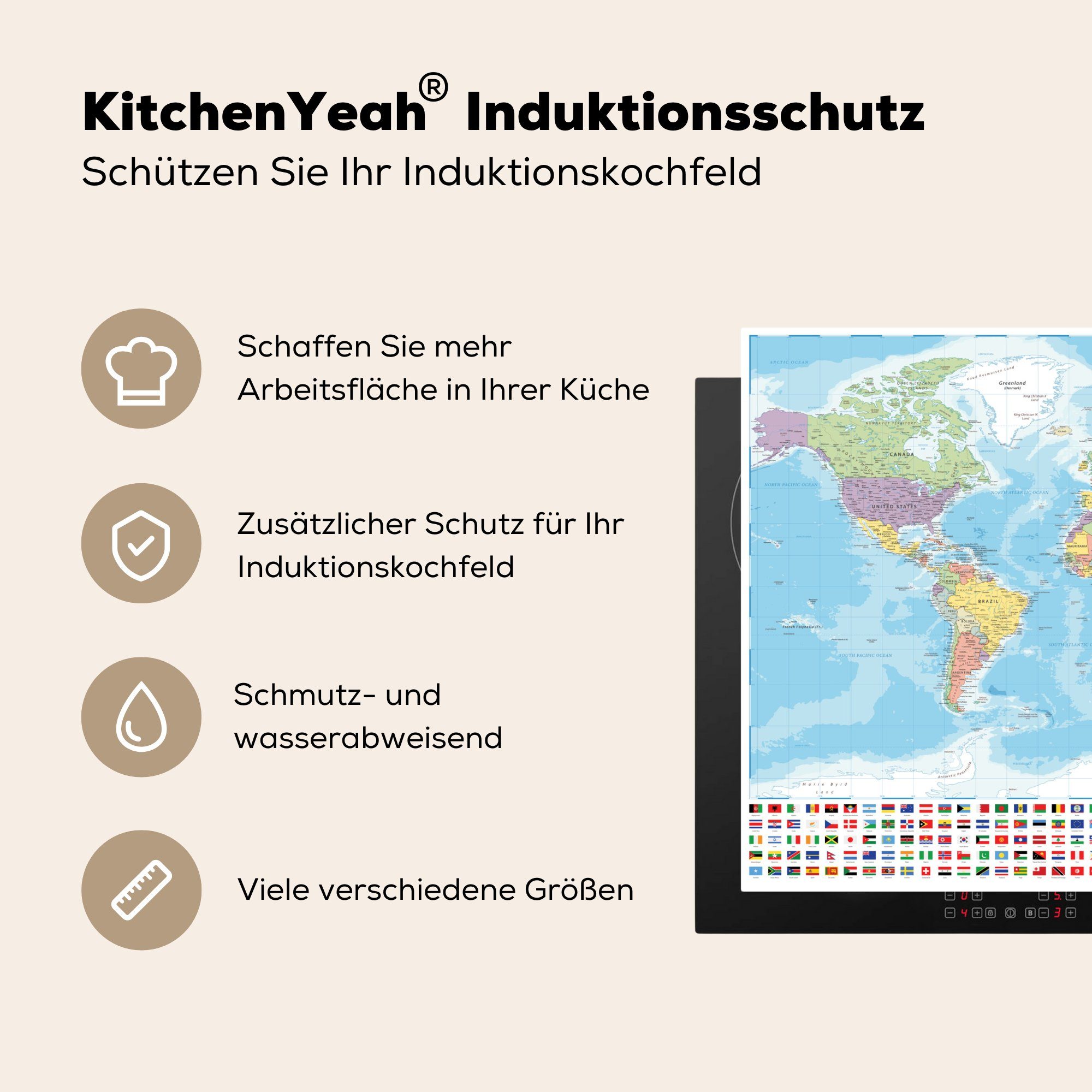 Flagge, Vinyl, tlg), Herdblende-/Abdeckplatte die Karte MuchoWow Farben - - Welt - Schutz küche, für Ceranfeldabdeckung 71x52 (1 Induktionskochfeld cm,