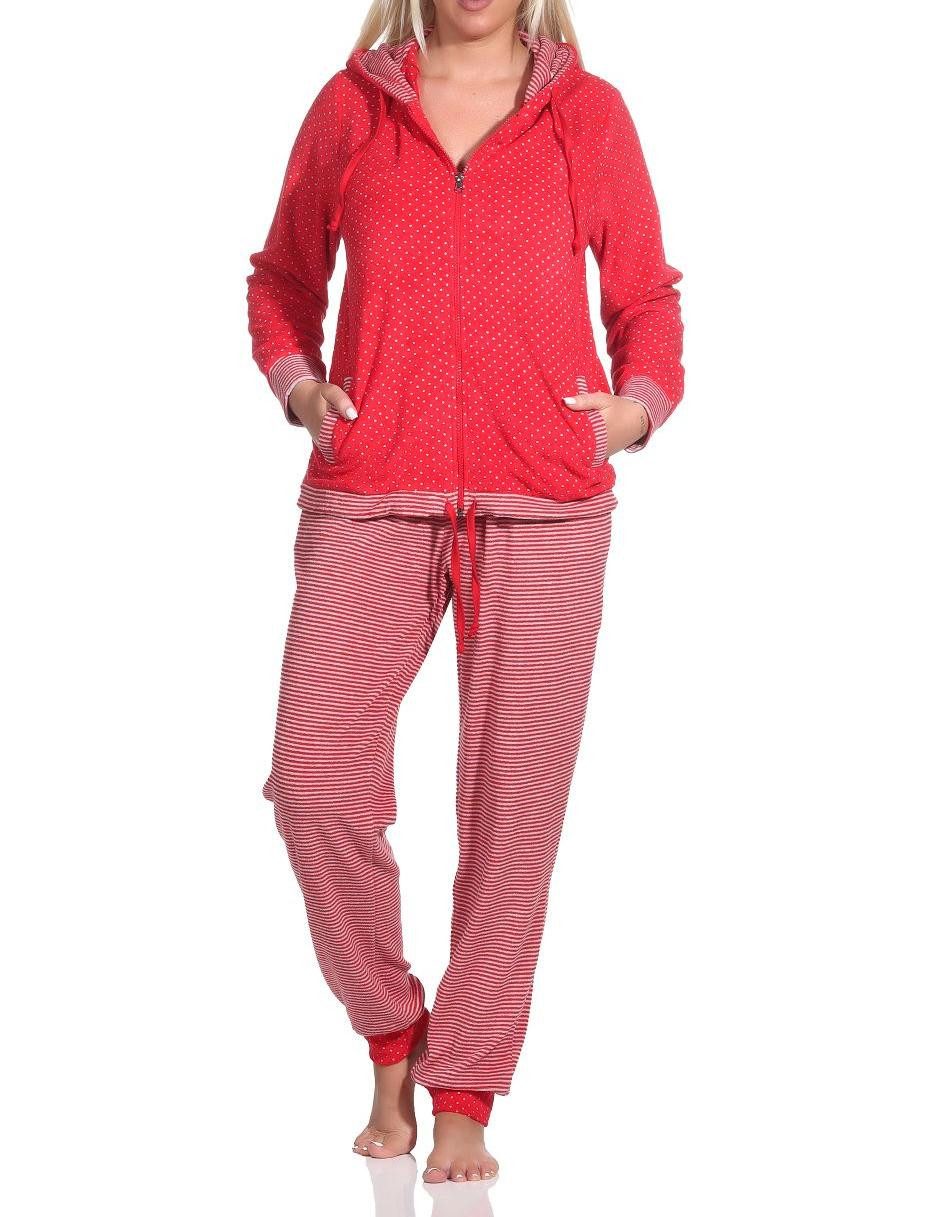 Normann Relaxanzug Damen Frottee Hausanzug mit Bündchen im Tupfen- und Ringeldesign – Bild 2 von 5