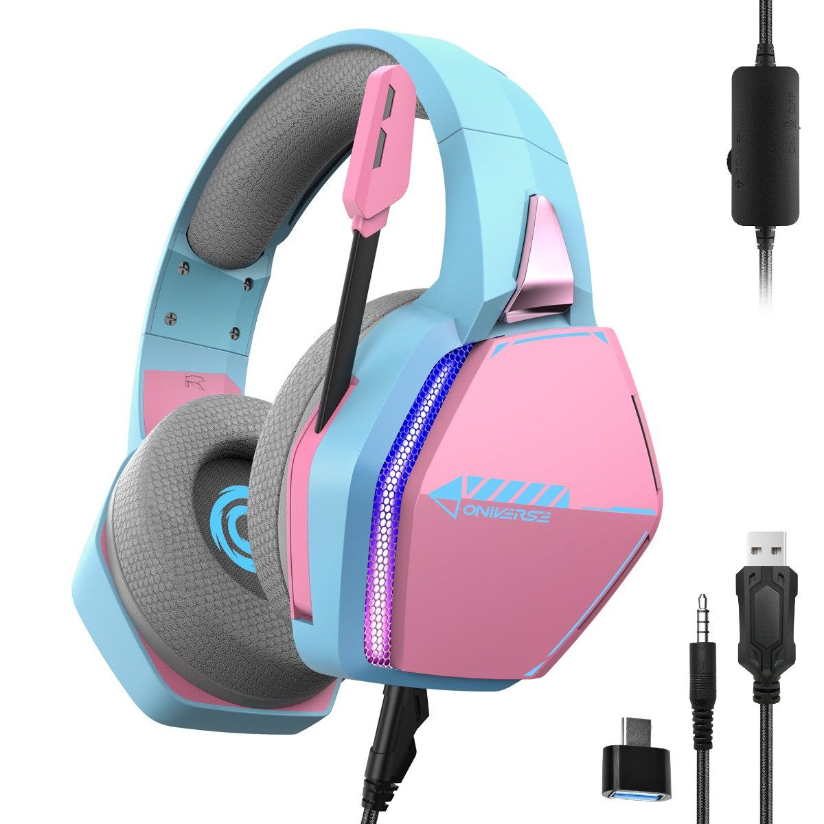 Oniverse Nebula Gaming-Headset (Lautstärkeregelung, Mikrofon-Stummschaltung, 50-mm-Treiber, LED, kabelgebunden, pink)
