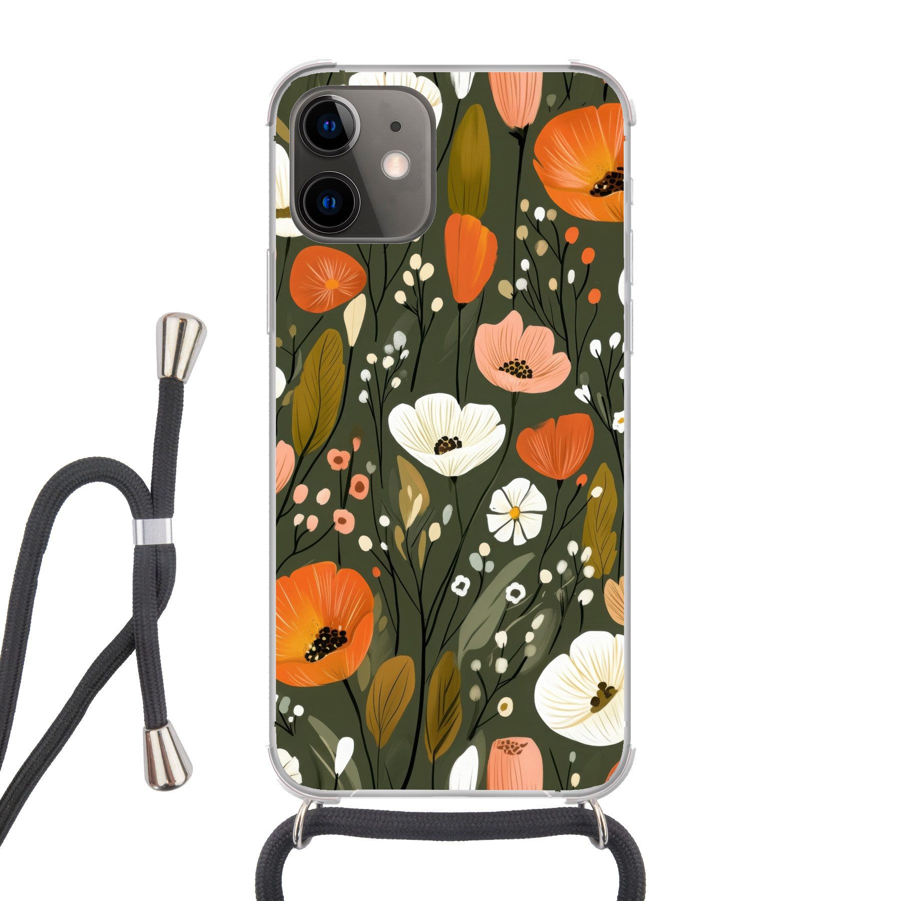 MuchoWow Handyhülle für Apple iPhone 11 Blumen - Illustration - Grün, Tragbare Handyhüllen mit Kette zum umhängen, Handykette Handyband